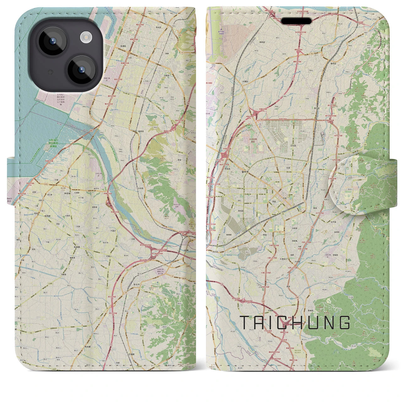 【台中(台湾)】地図柄iPhoneケース(手帳タイプ)ナチュラル・iPhone 14 Plus 用