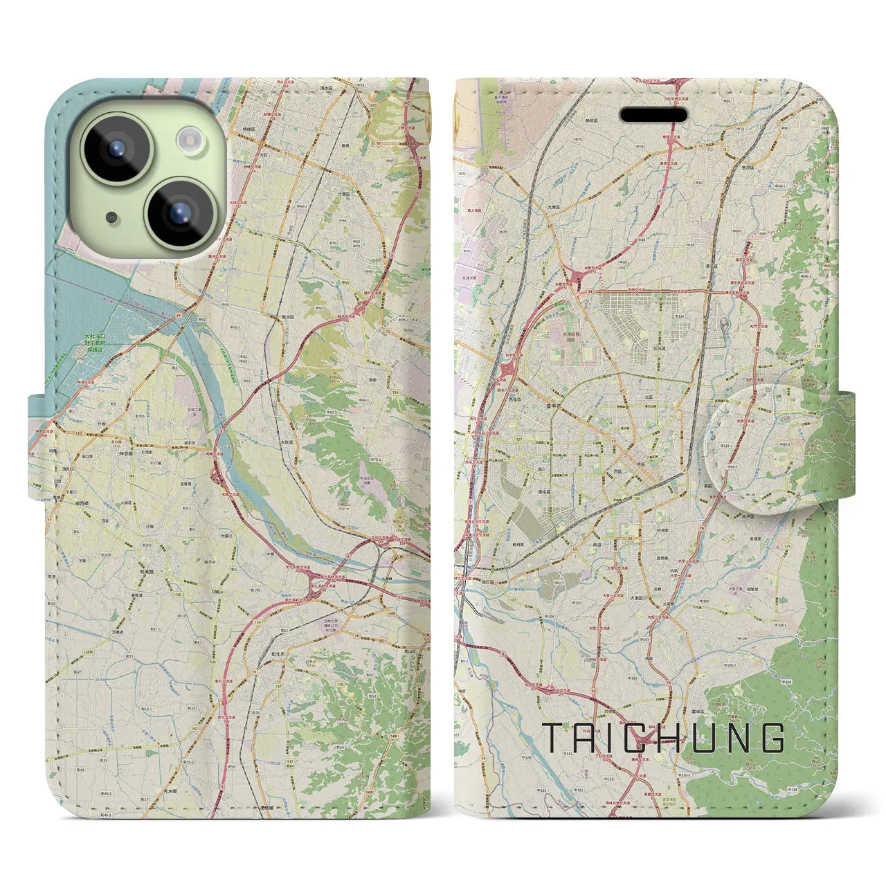 【台中(台湾)】地図柄iPhoneケース(手帳タイプ)ナチュラル・iPhone 15 用