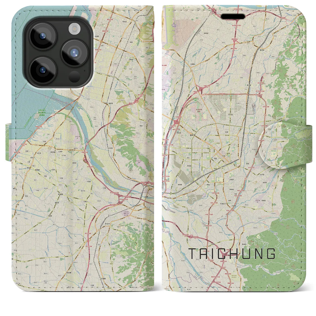【台中(台湾)】地図柄iPhoneケース(手帳タイプ)ナチュラル・iPhone 15 Pro Max 用