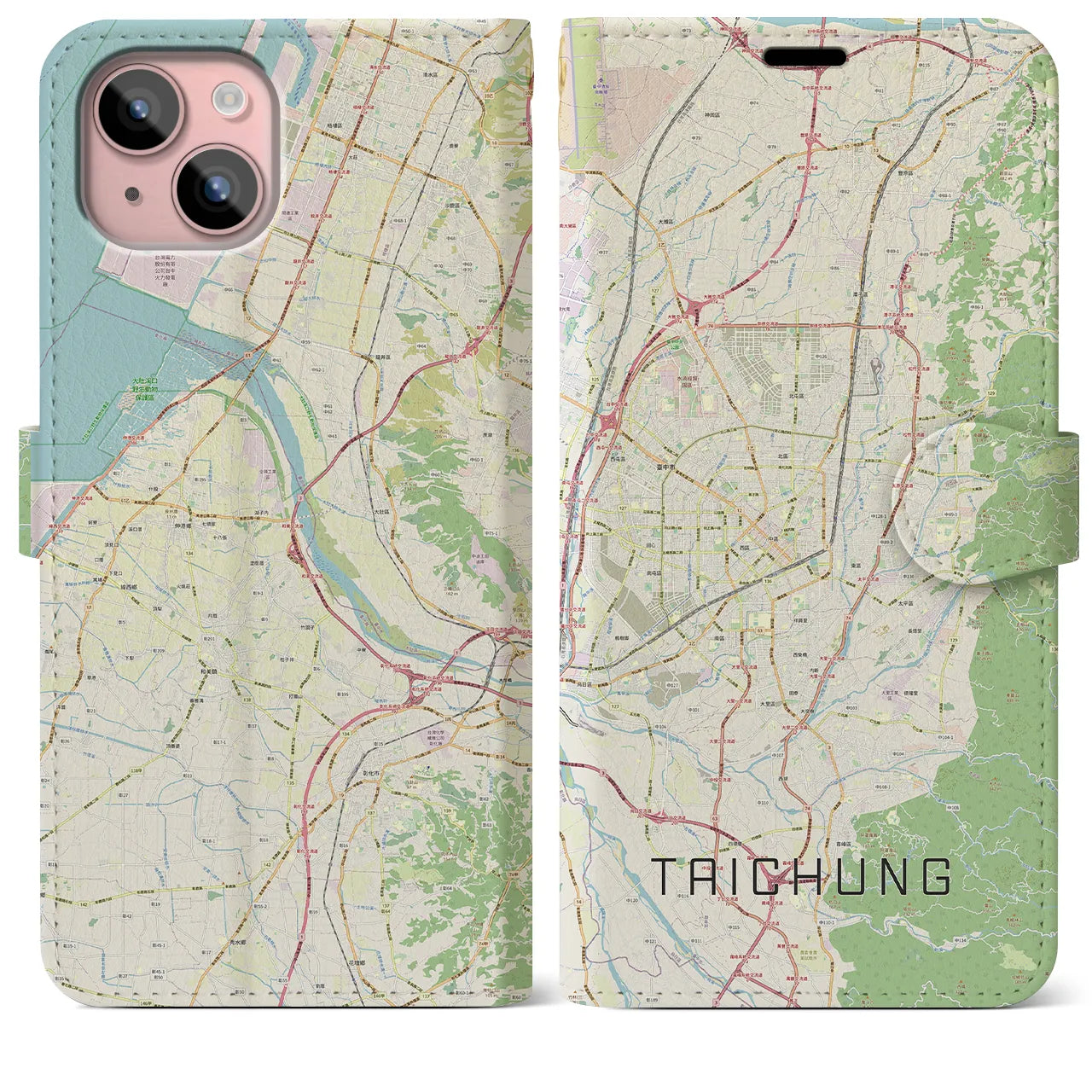 【台中(台湾)】地図柄iPhoneケース(手帳タイプ)ナチュラル・iPhone 15 Plus 用