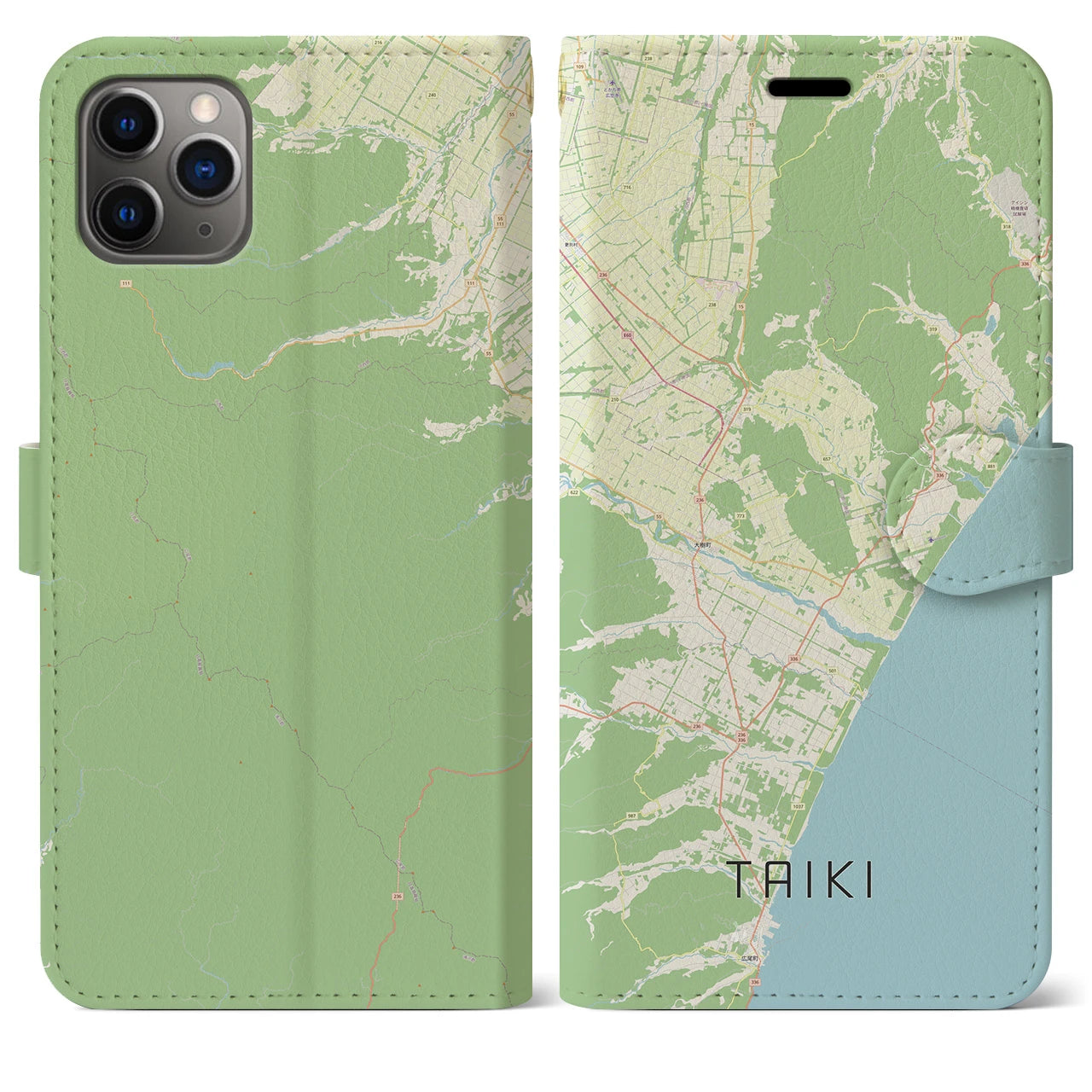 【大樹(北海道)】地図柄iPhoneケース(手帳タイプ)ナチュラル・iPhone 11 Pro Max 用