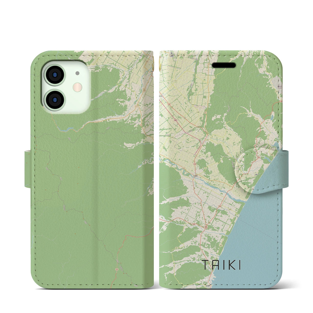 【大樹(北海道)】地図柄iPhoneケース(手帳タイプ)ナチュラル・iPhone 12 mini 用