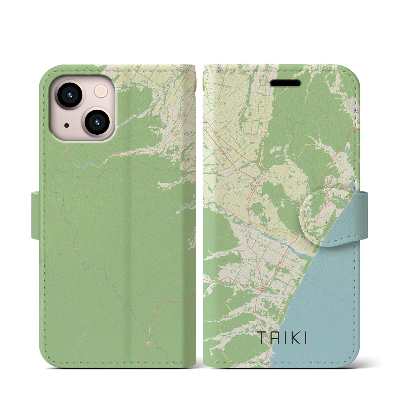 【大樹(北海道)】地図柄iPhoneケース(手帳タイプ)ナチュラル・iPhone 13 mini 用