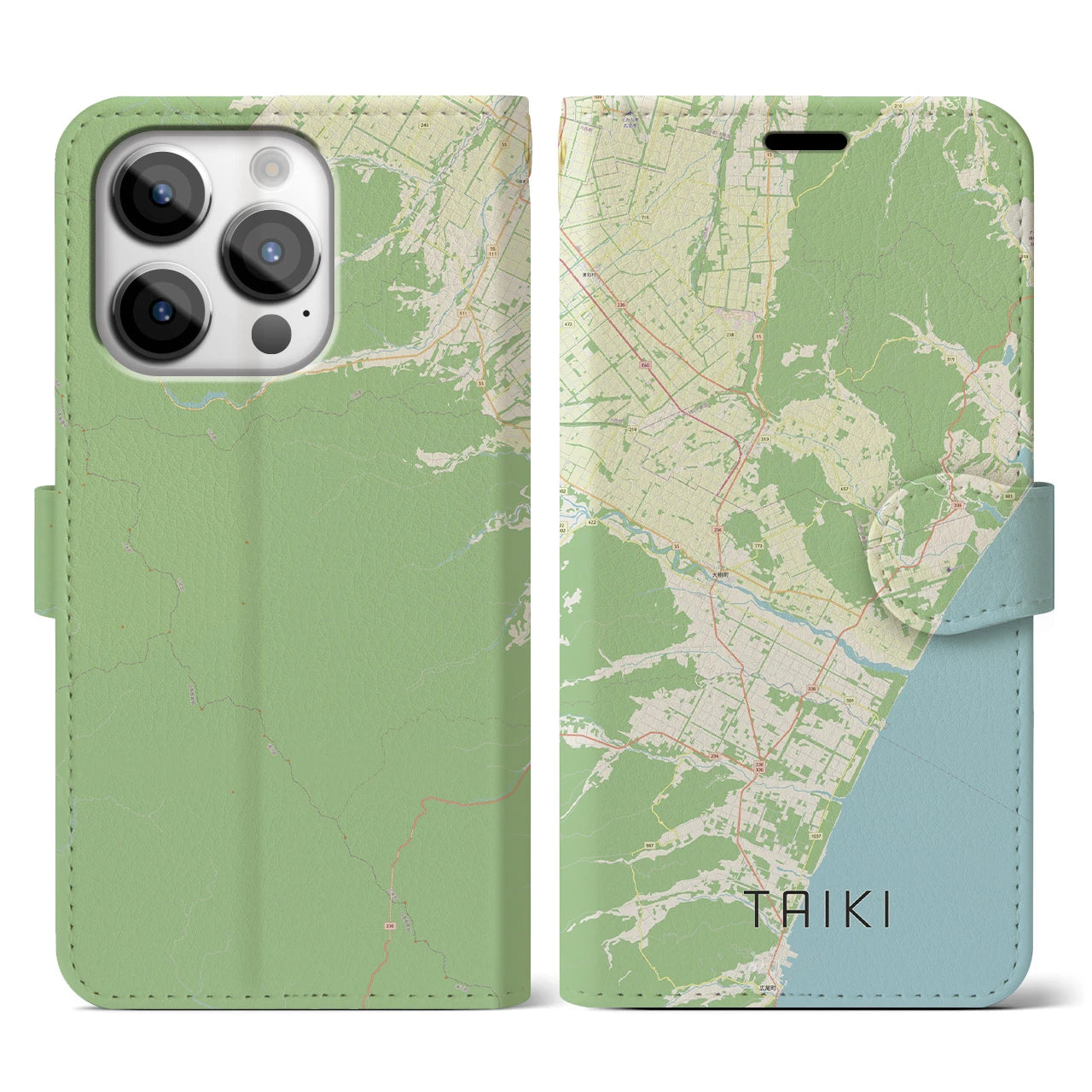 【大樹(北海道)】地図柄iPhoneケース(手帳タイプ)ナチュラル・iPhone 14 Pro 用