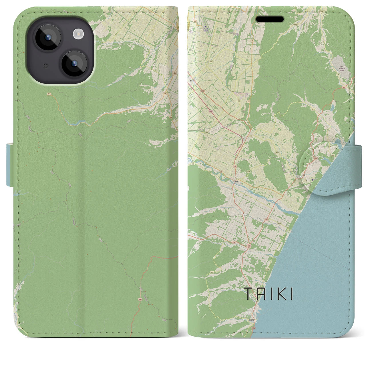 【大樹(北海道)】地図柄iPhoneケース(手帳タイプ)ナチュラル・iPhone 14 Plus 用