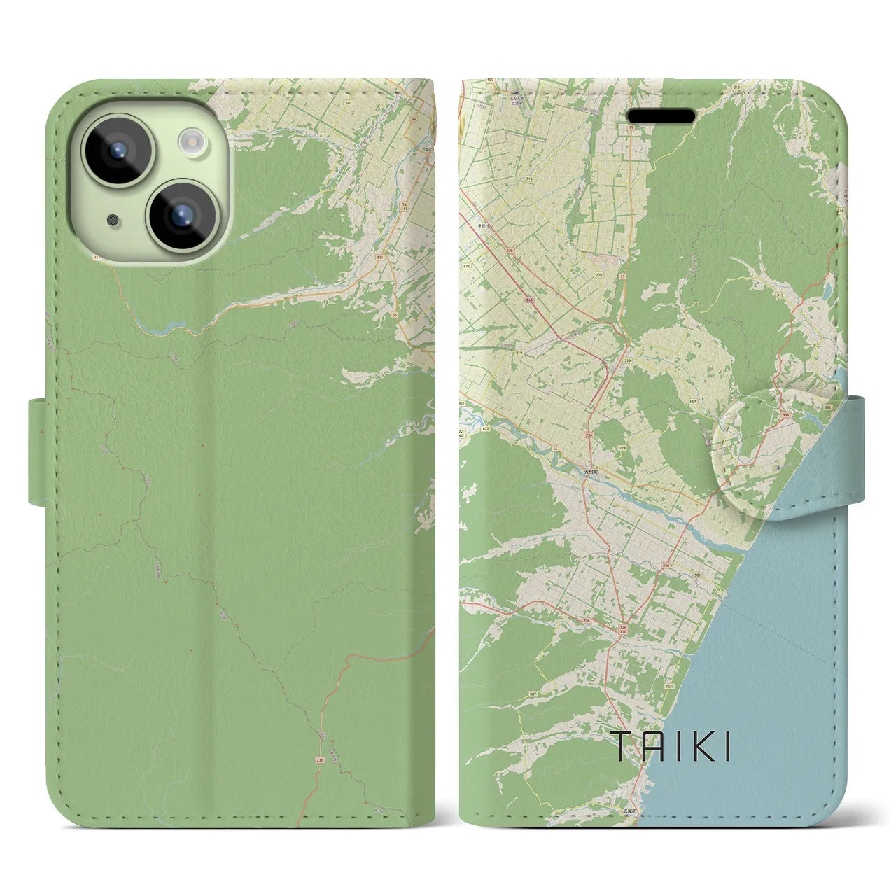 【大樹(北海道)】地図柄iPhoneケース(手帳タイプ)ナチュラル・iPhone 15 用