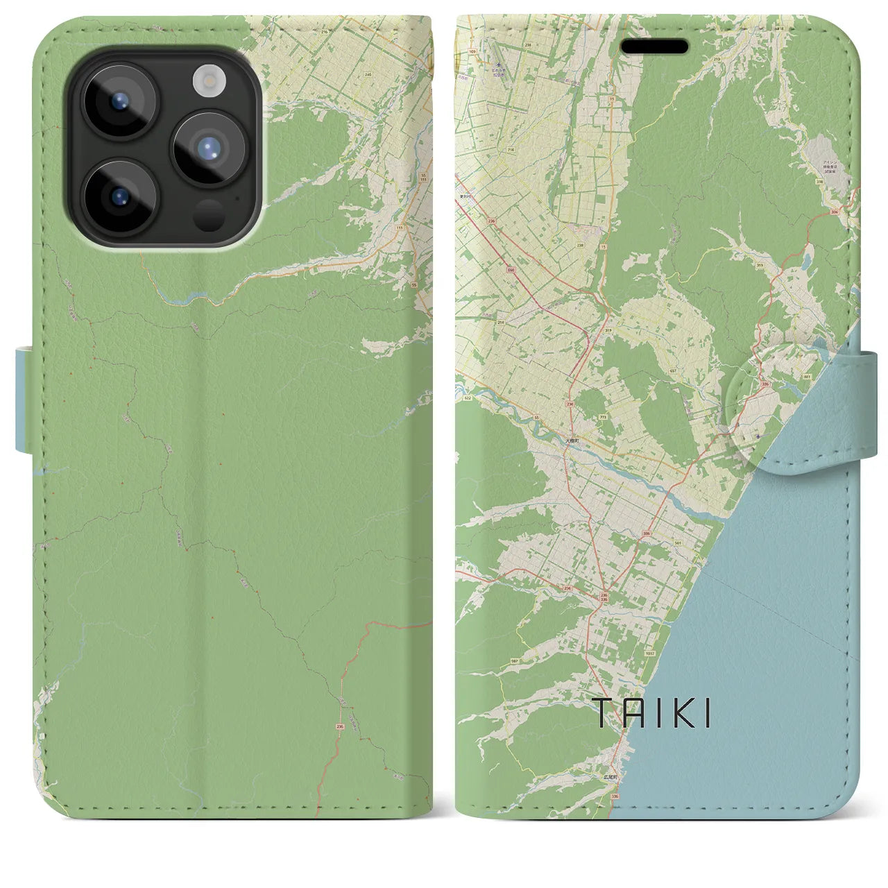 【大樹(北海道)】地図柄iPhoneケース(手帳タイプ)ナチュラル・iPhone 15 Pro Max 用
