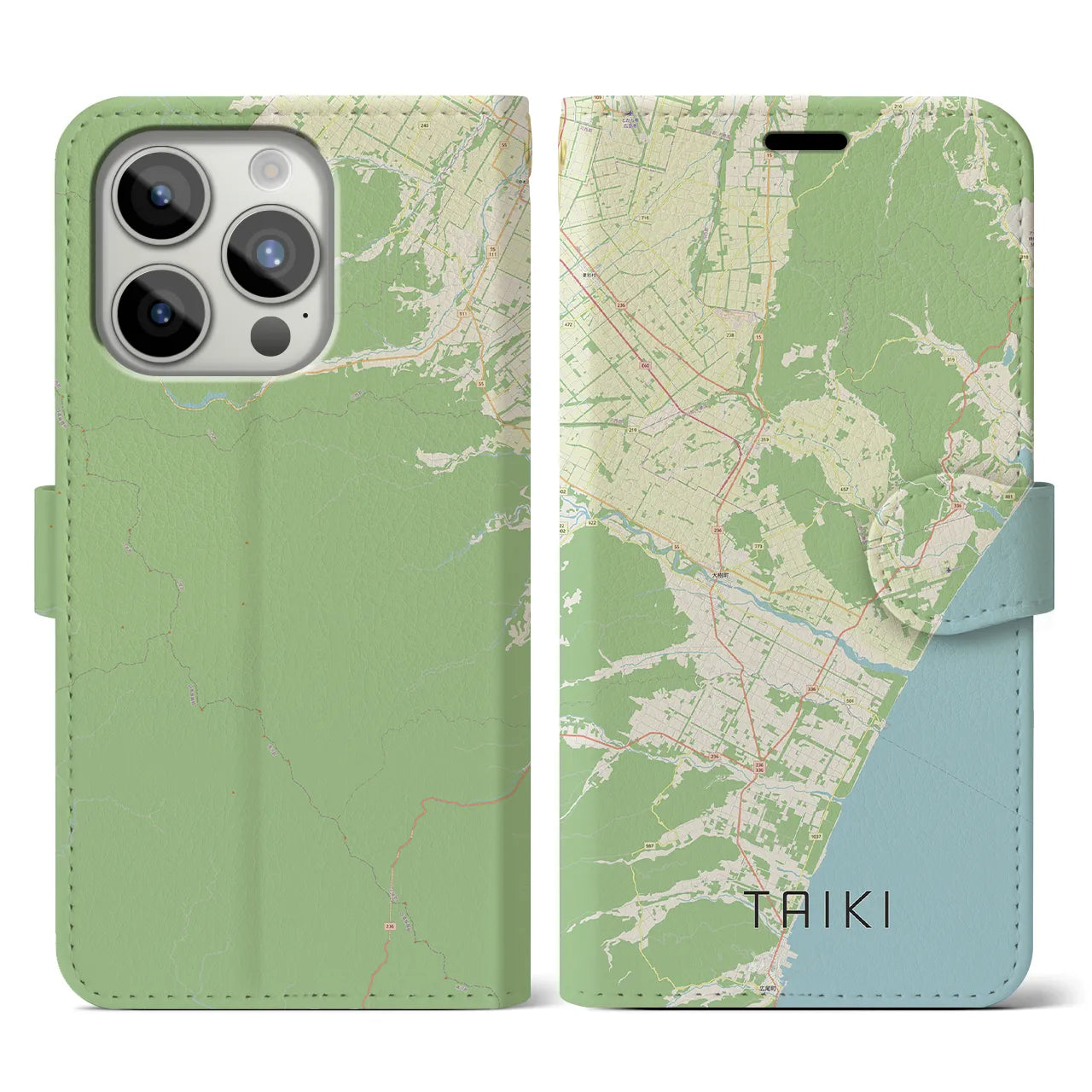 【大樹(北海道)】地図柄iPhoneケース(手帳タイプ)ナチュラル・iPhone 15 Pro 用