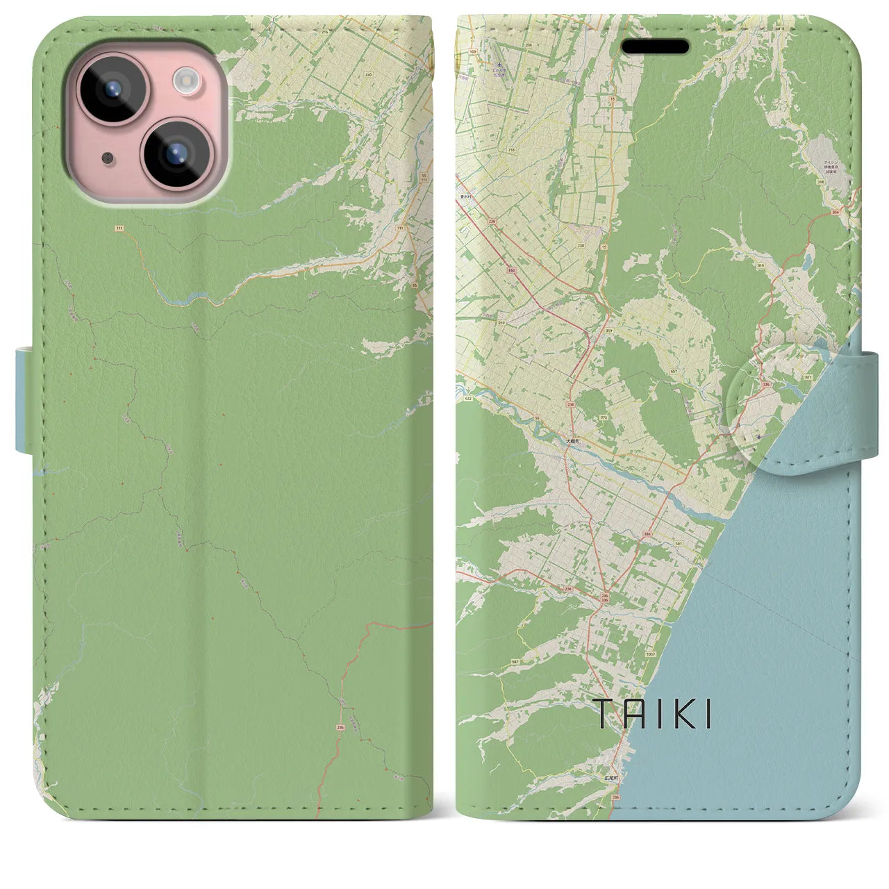 【大樹(北海道)】地図柄iPhoneケース(手帳タイプ)ナチュラル・iPhone 15 Plus 用