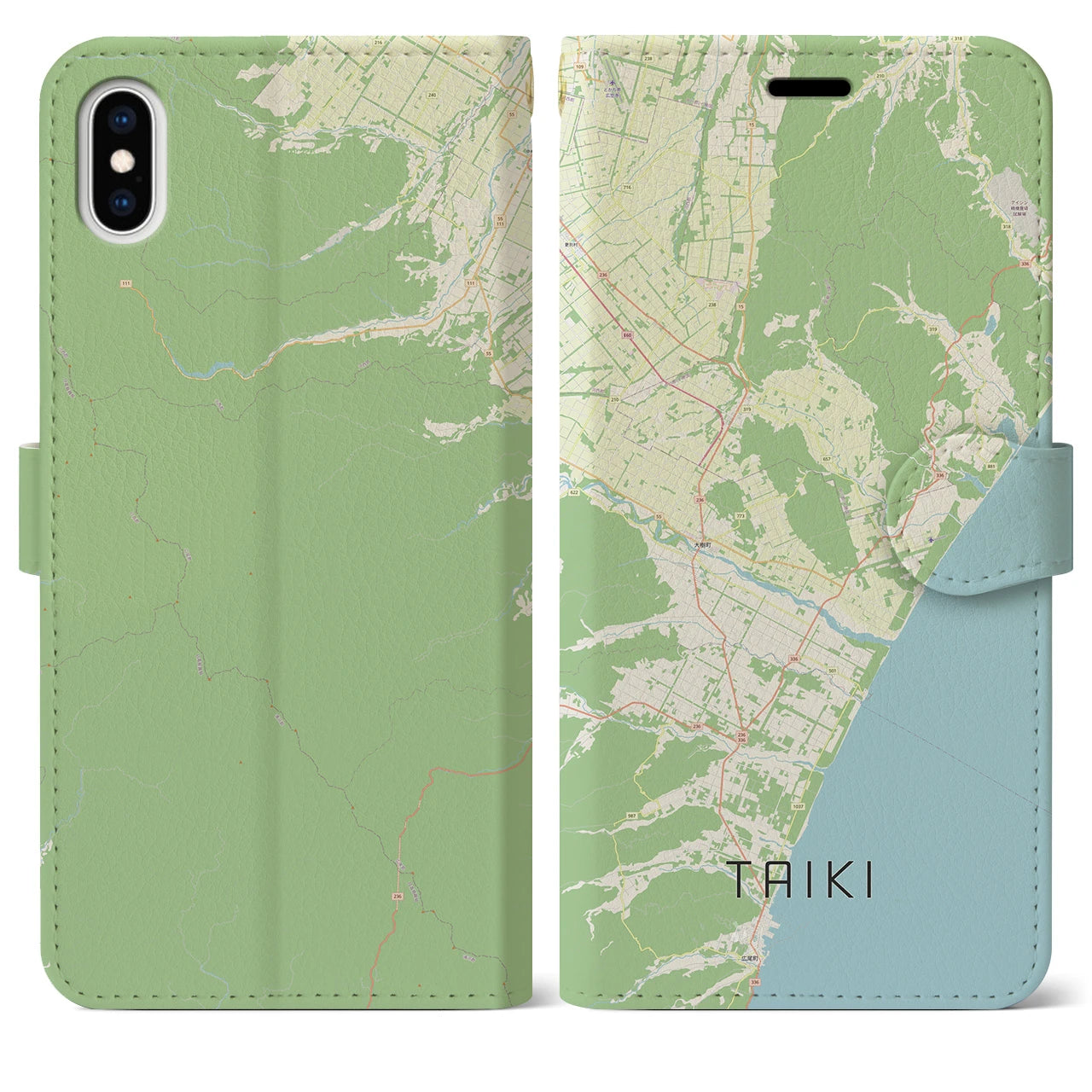 【大樹(北海道)】地図柄iPhoneケース(手帳タイプ)ナチュラル・iPhone XS Max 用