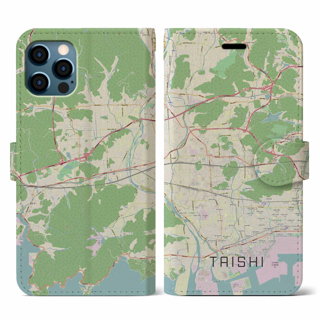 【太子(兵庫県)】地図柄iPhoneケース(手帳タイプ)ナチュラル・iPhone 12 / 12 Pro 用