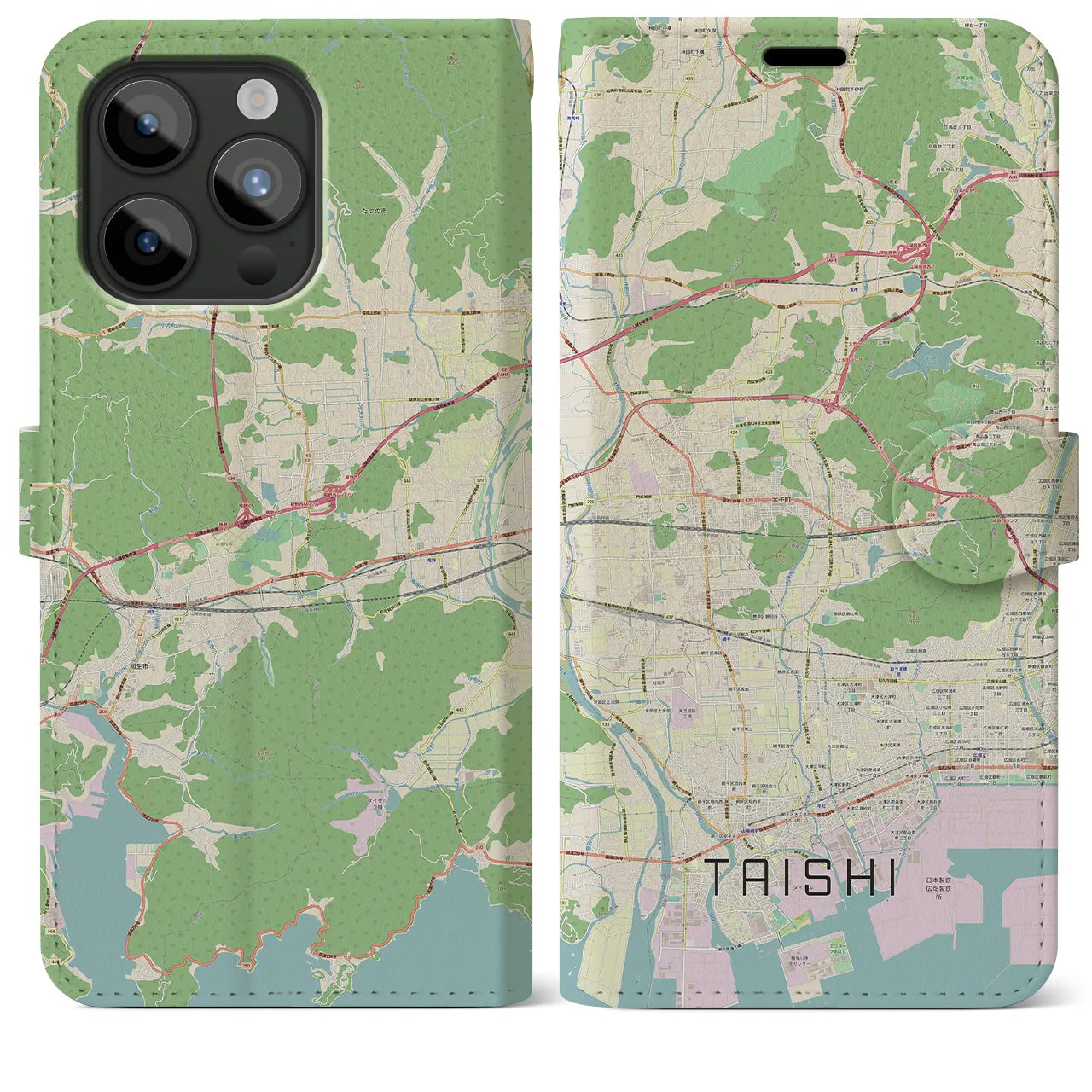 【太子(兵庫県)】地図柄iPhoneケース(手帳タイプ)ナチュラル・iPhone 15 Pro Max 用