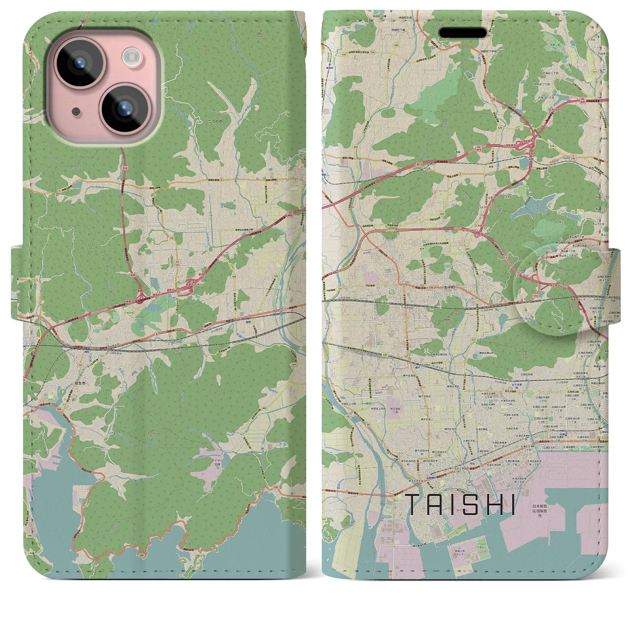 【太子(兵庫県)】地図柄iPhoneケース(手帳タイプ)ナチュラル・iPhone 15 Plus 用