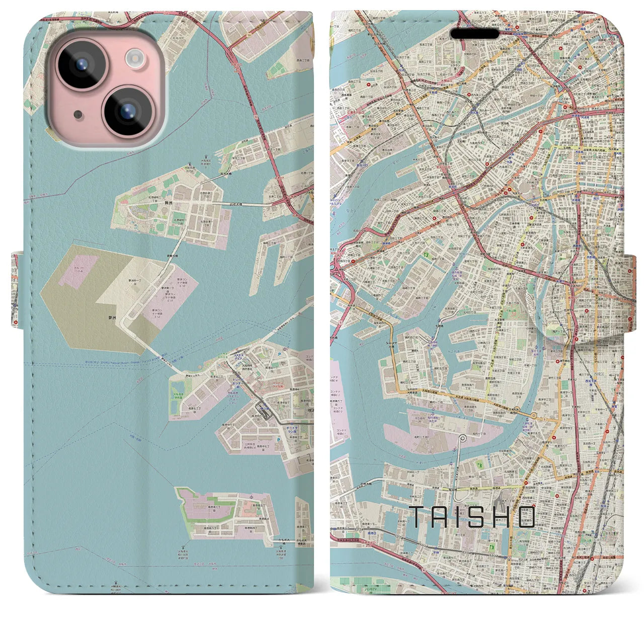 【大正(大阪府)】地図柄iPhoneケース(手帳タイプ)ナチュラル・iPhone 15 Plus 用