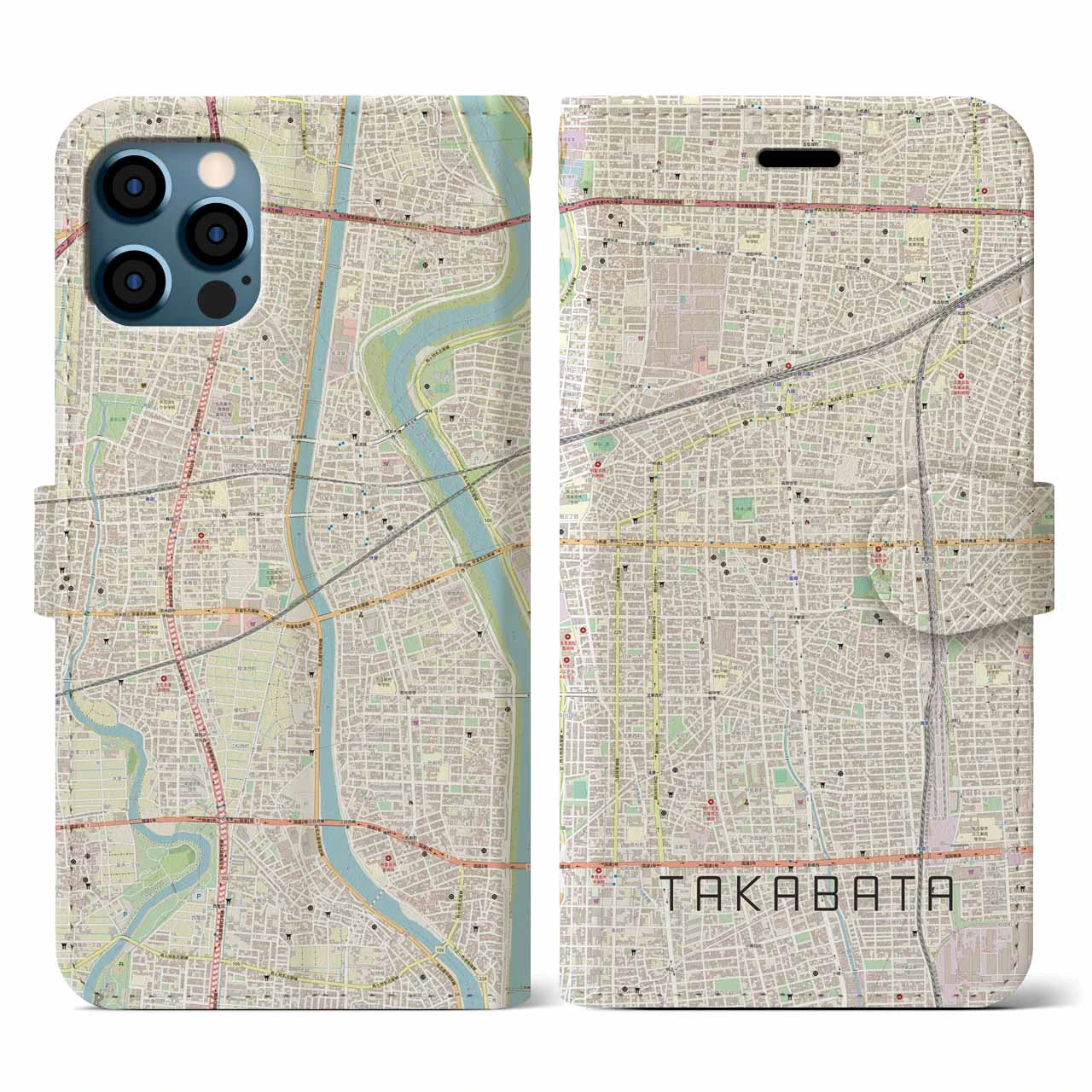 【高畑(愛知県)】地図柄iPhoneケース(手帳タイプ)ナチュラル・iPhone 12 / 12 Pro 用