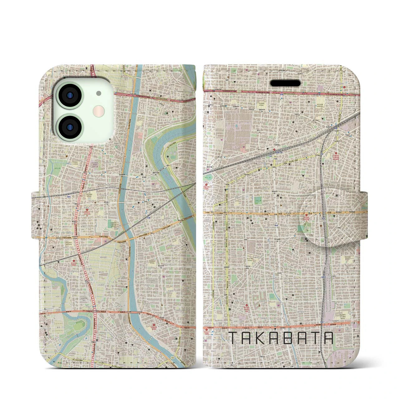 【高畑(愛知県)】地図柄iPhoneケース(手帳タイプ)ナチュラル・iPhone 12 mini 用