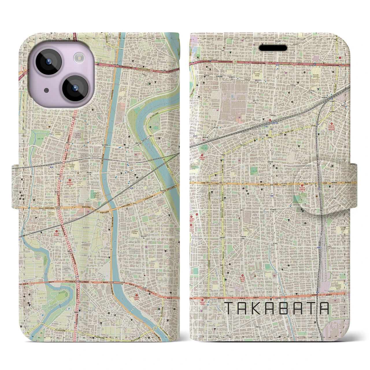 【高畑(愛知県)】地図柄iPhoneケース(手帳タイプ)ナチュラル・iPhone 14 用