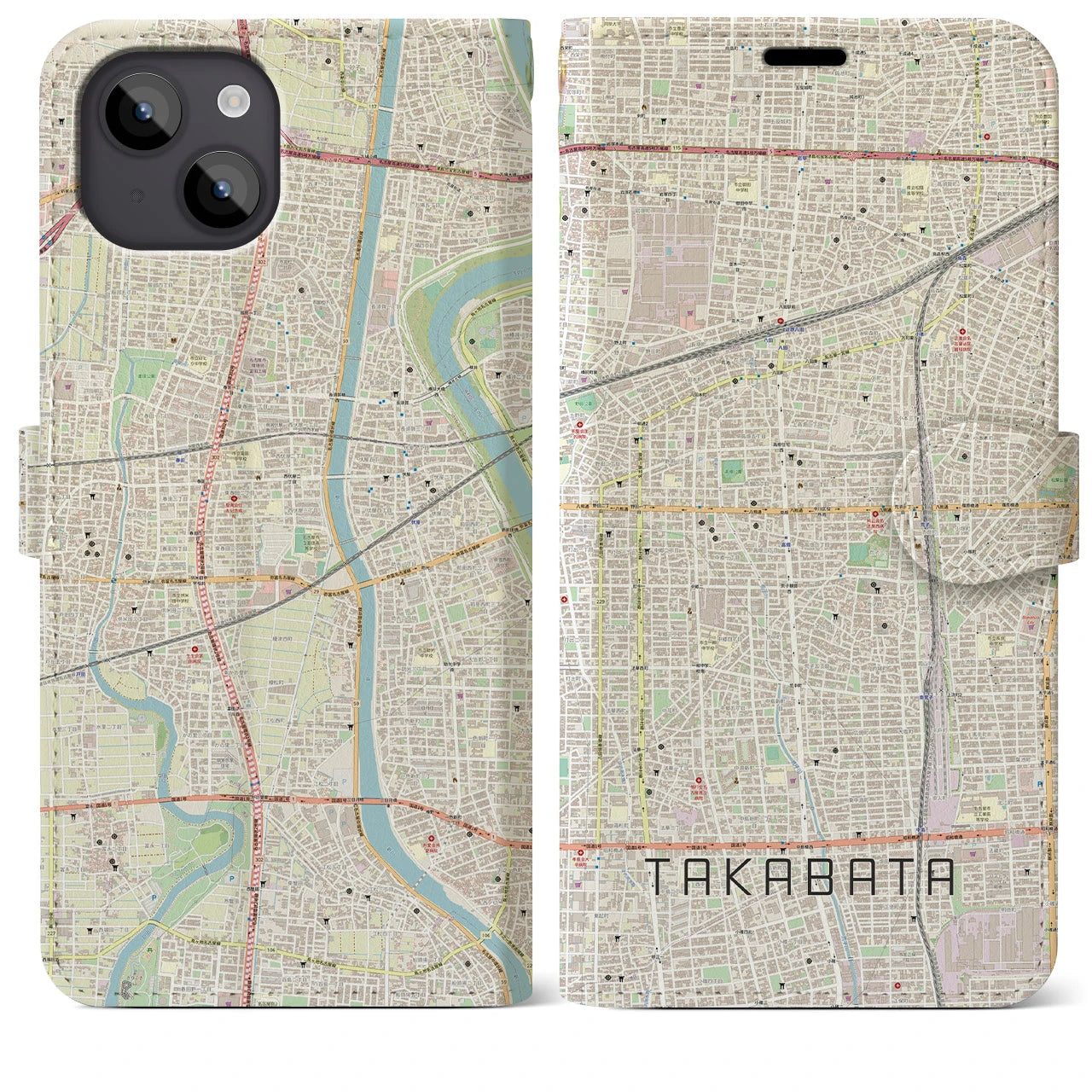【高畑(愛知県)】地図柄iPhoneケース(手帳タイプ)ナチュラル・iPhone 14 Plus 用