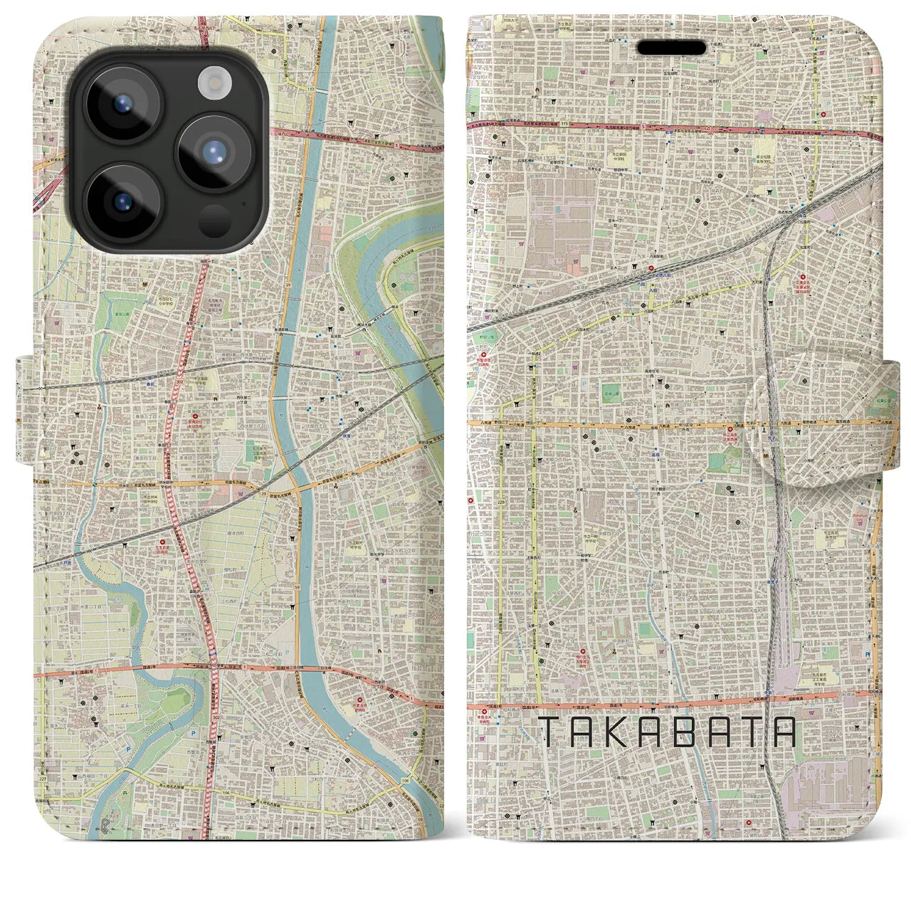 【高畑(愛知県)】地図柄iPhoneケース(手帳タイプ)ナチュラル・iPhone 15 Pro Max 用