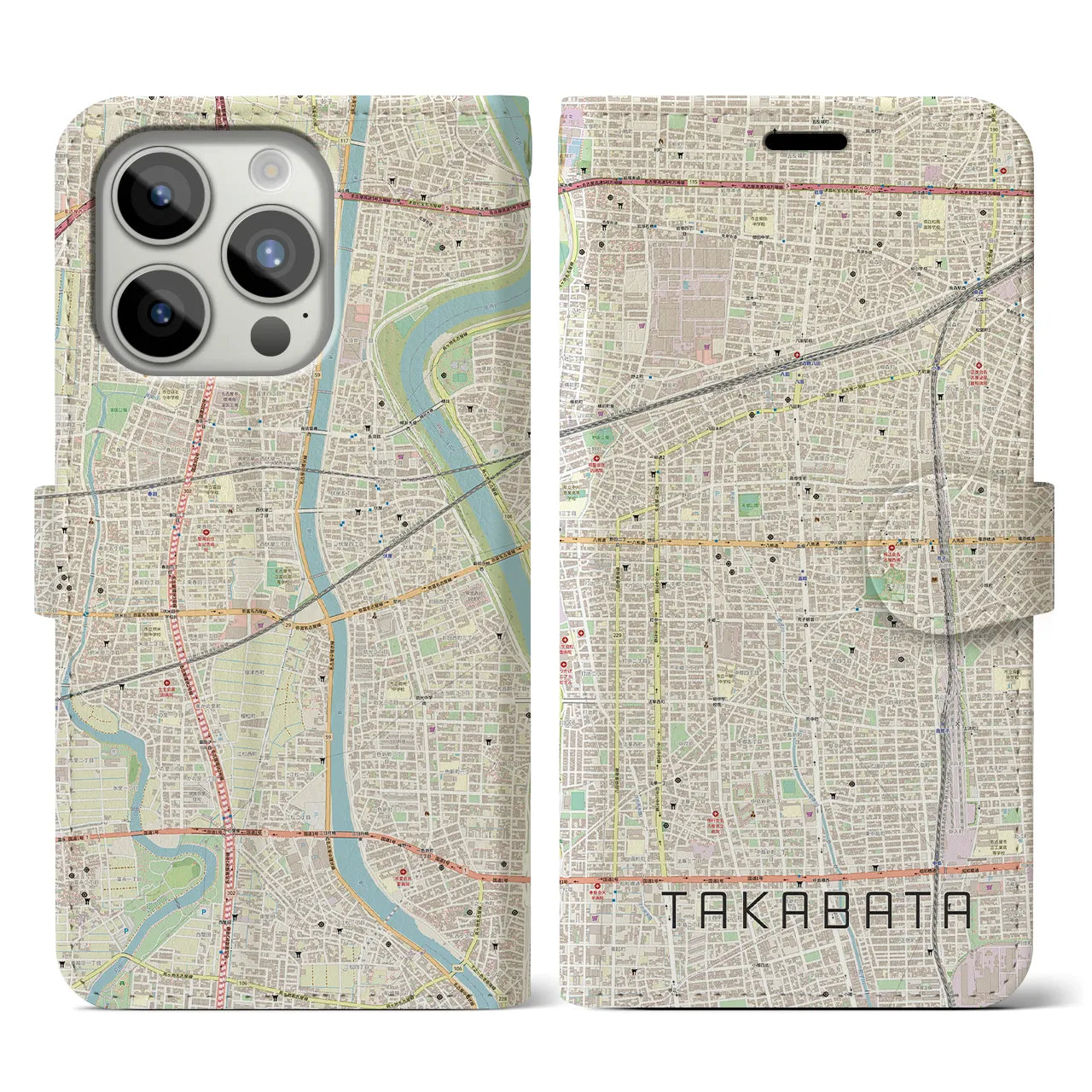 【高畑(愛知県)】地図柄iPhoneケース(手帳タイプ)ナチュラル・iPhone 15 Pro 用