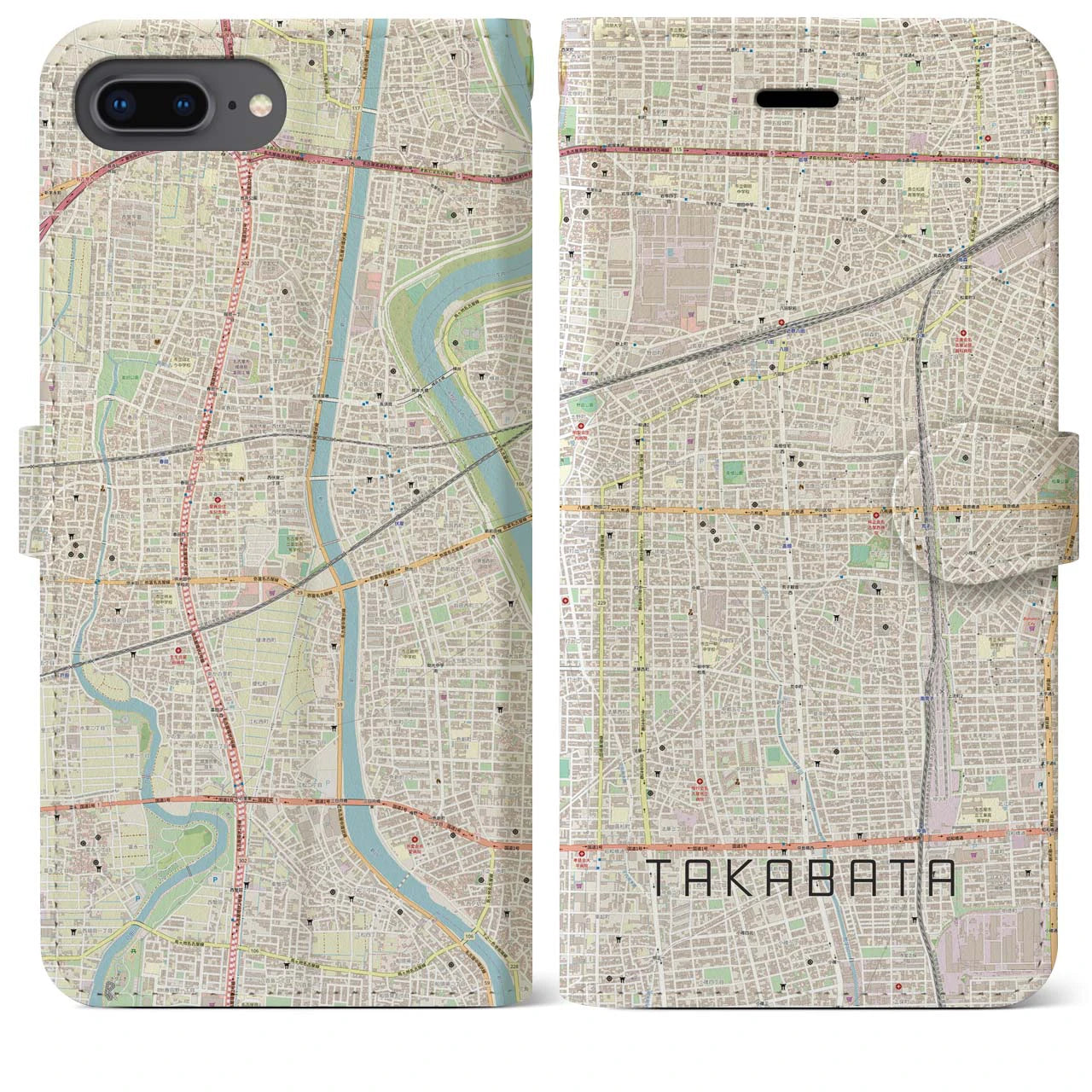 【高畑(愛知県)】地図柄iPhoneケース(手帳タイプ)ナチュラル・iPhone 8Plus /7Plus / 6sPlus / 6Plus 用