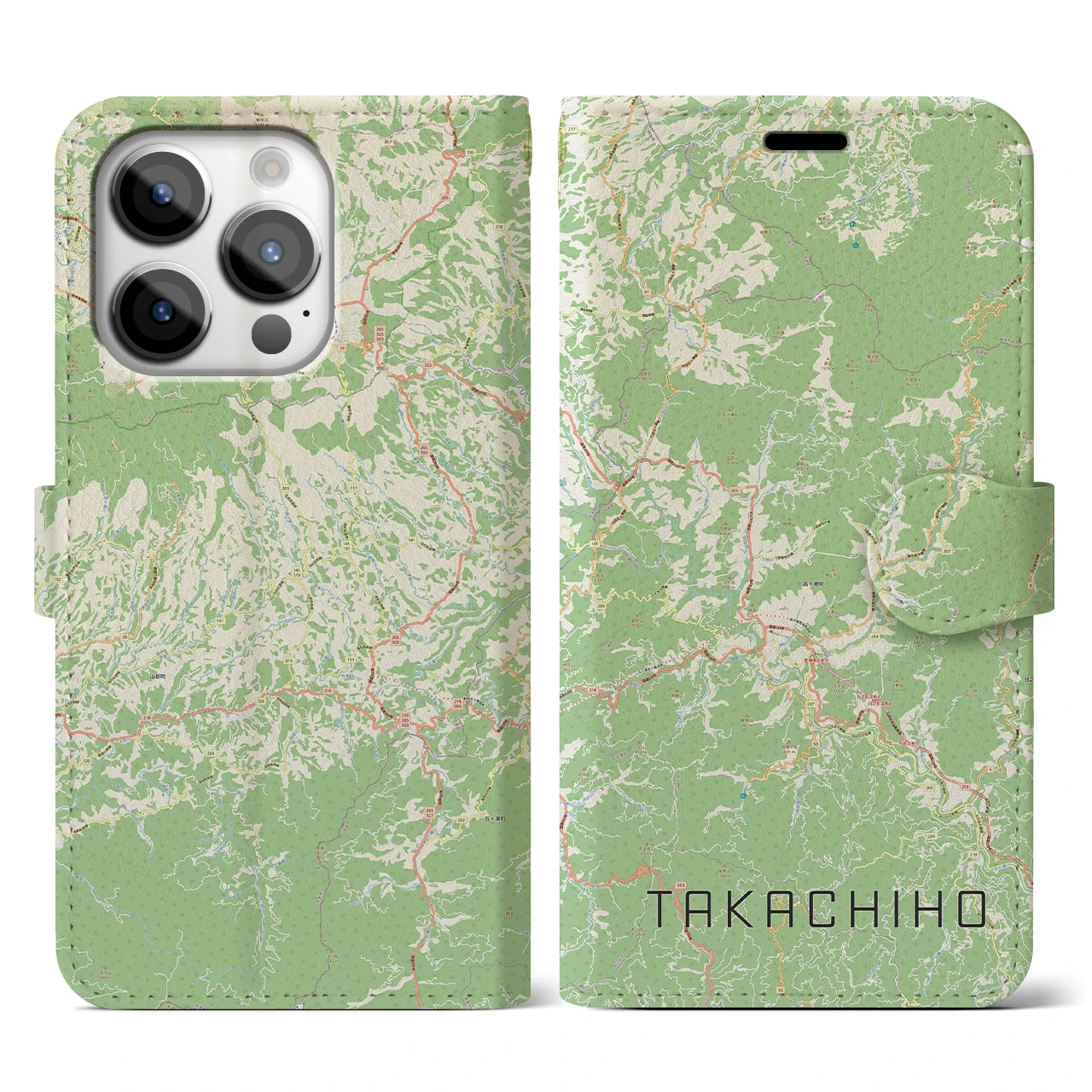 【高千穂(宮崎県)】地図柄iPhoneケース(手帳タイプ)ナチュラル・iPhone 14 Pro 用
