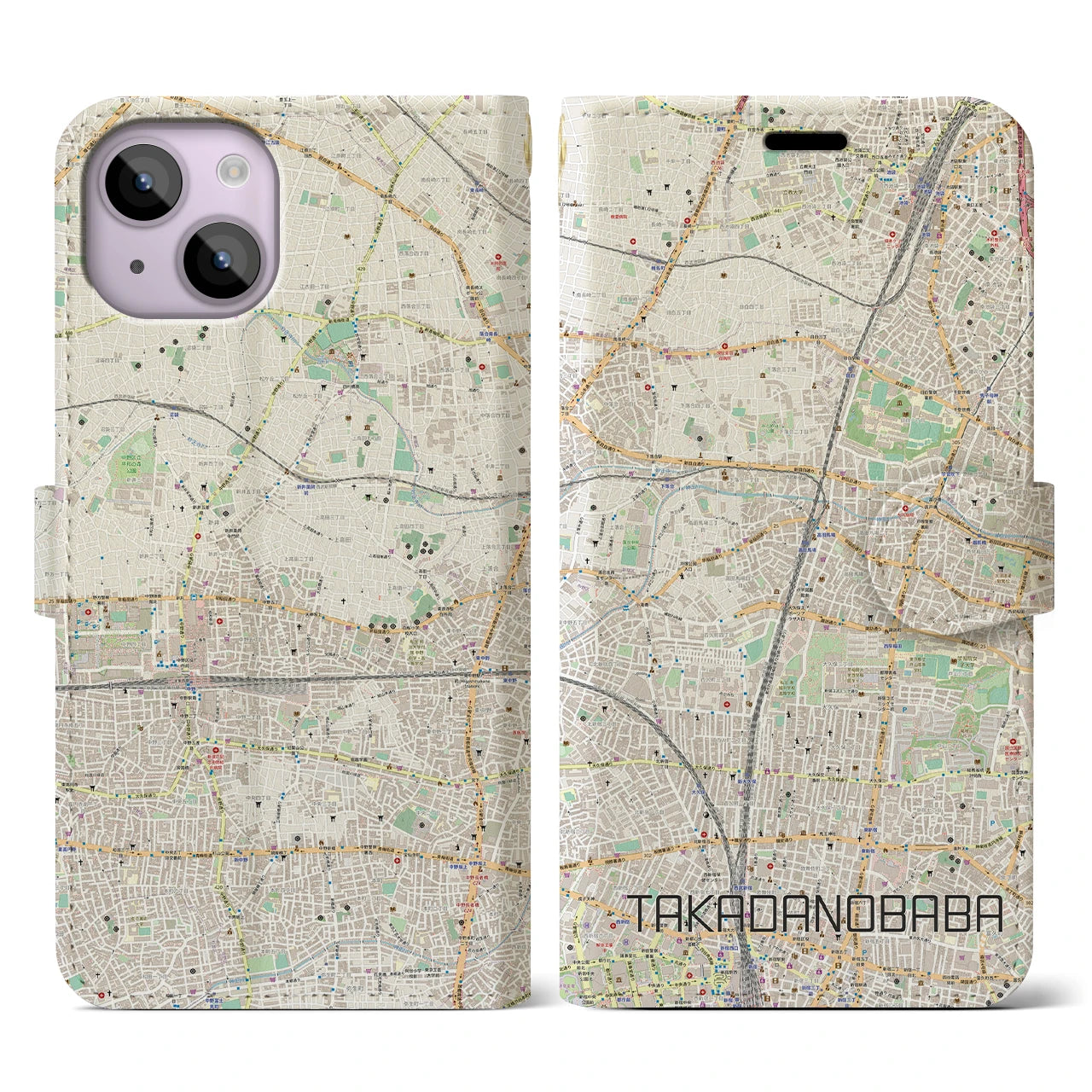 【高田馬場(東京都)】地図柄iPhoneケース(手帳タイプ)ナチュラル・iPhone 14 用