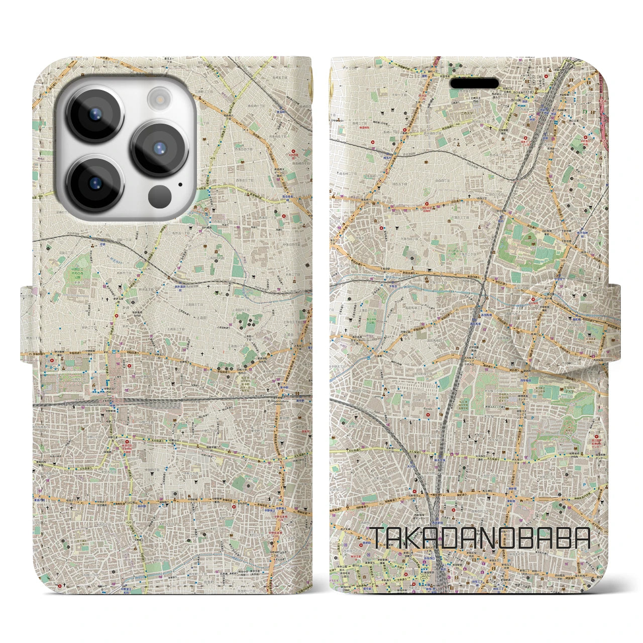 【高田馬場(東京都)】地図柄iPhoneケース(手帳タイプ)ナチュラル・iPhone 14 Pro 用
