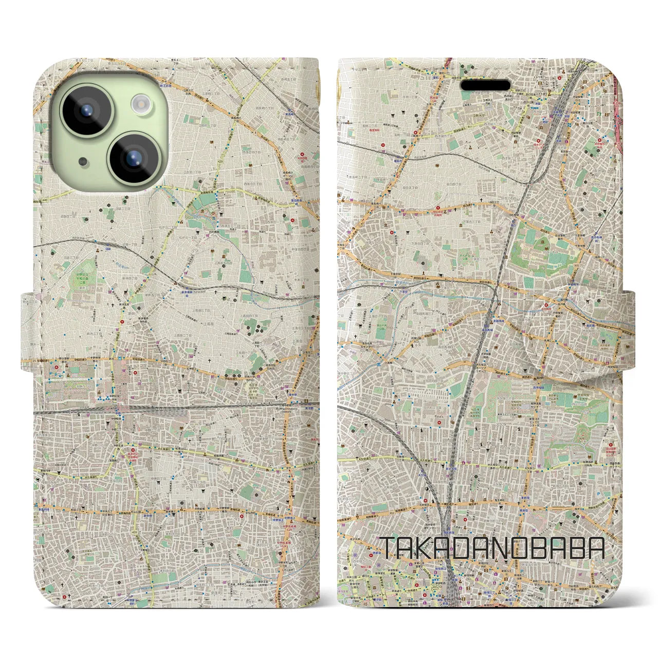【高田馬場(東京都)】地図柄iPhoneケース(手帳タイプ)ナチュラル・iPhone 15 用