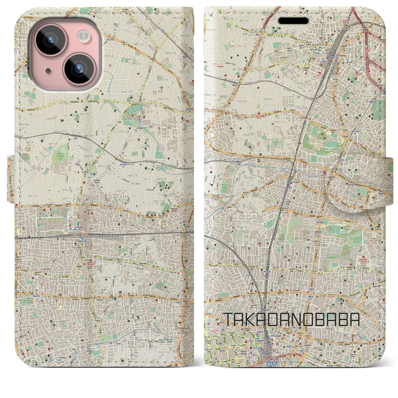 【高田馬場(東京都)】地図柄iPhoneケース(手帳タイプ)ナチュラル・iPhone 15 Plus 用
