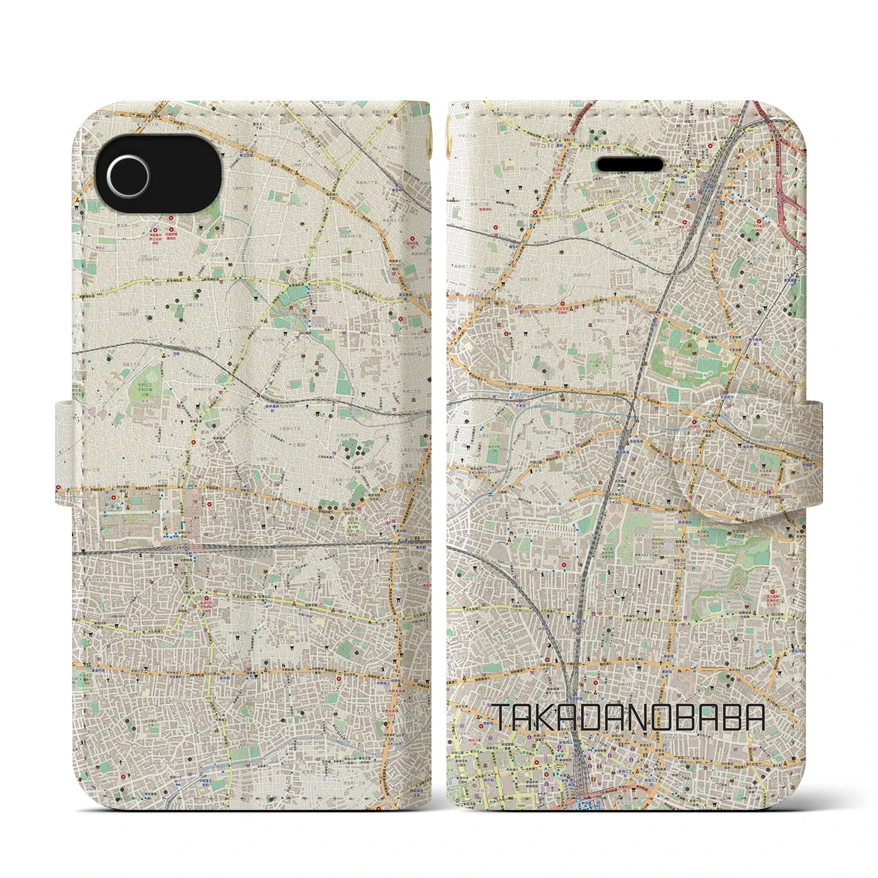 【高田馬場(東京都)】地図柄iPhoneケース(手帳タイプ)ナチュラル・iPhone SE(第3 / 第2世代) / 8 / 7 / 6s / 6 用
