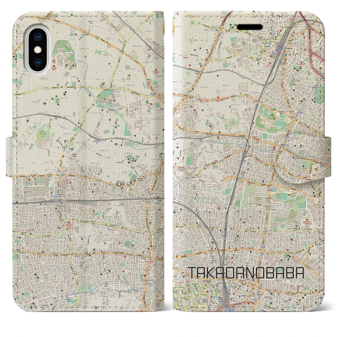 【高田馬場(東京都)】地図柄iPhoneケース(手帳タイプ)ナチュラル・iPhone XS Max 用
