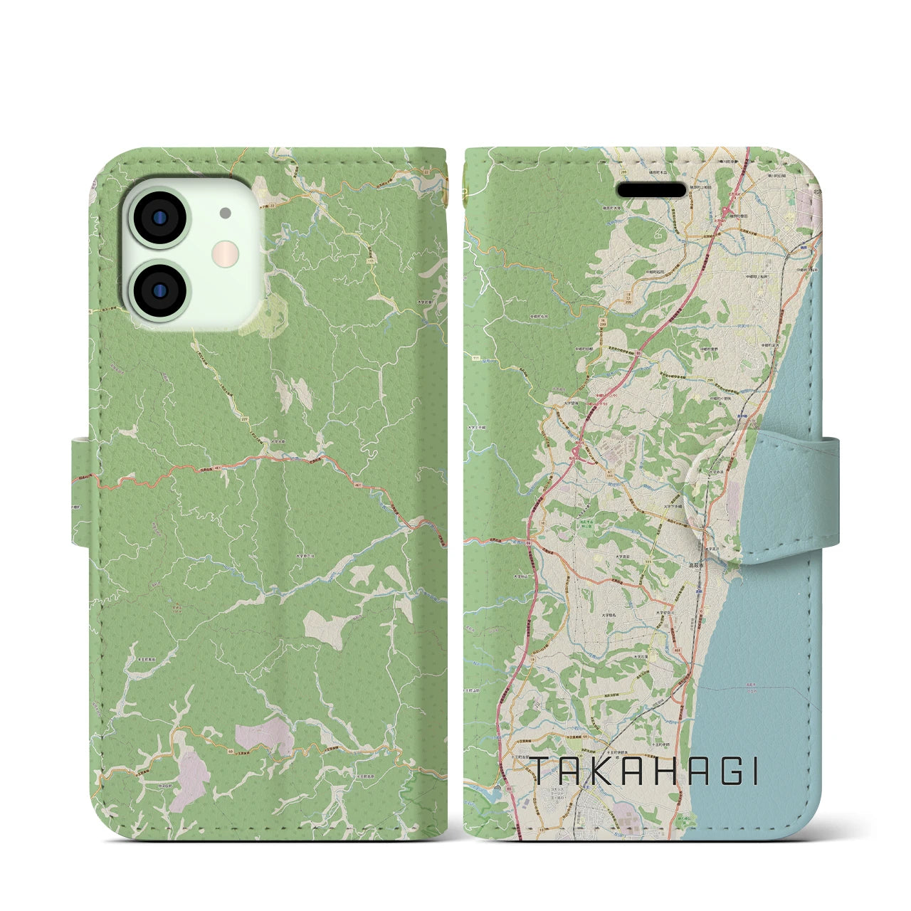 【高萩(茨城県)】地図柄iPhoneケース(手帳タイプ)ナチュラル・iPhone 12 mini 用