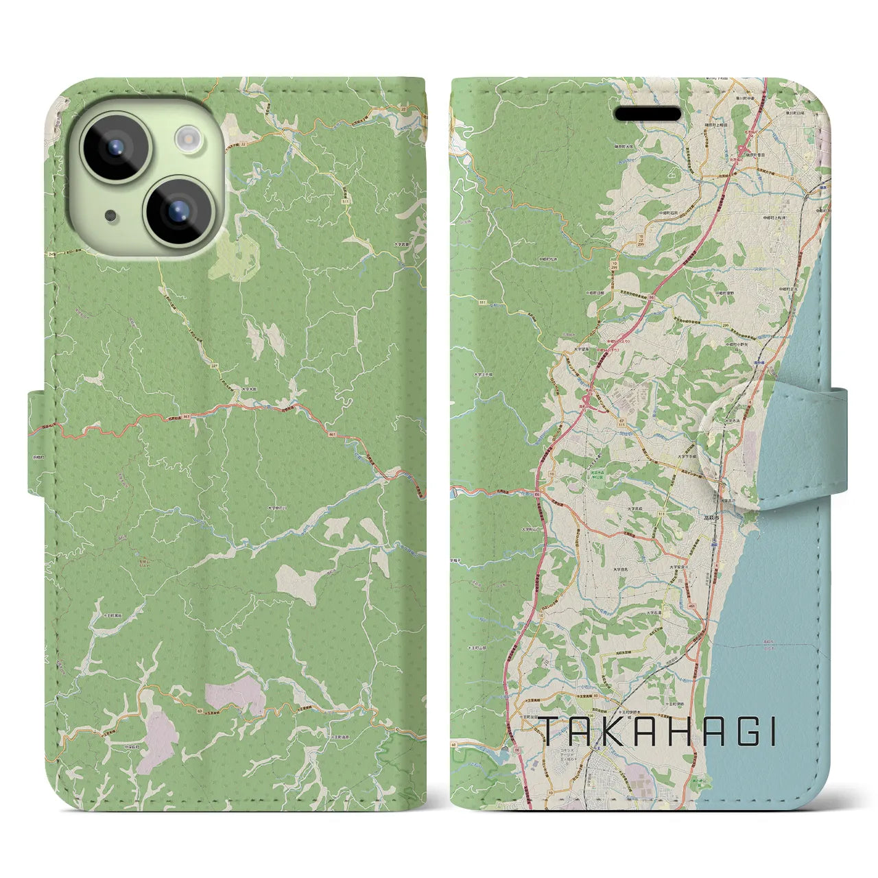 【高萩(茨城県)】地図柄iPhoneケース(手帳タイプ)ナチュラル・iPhone 15 用