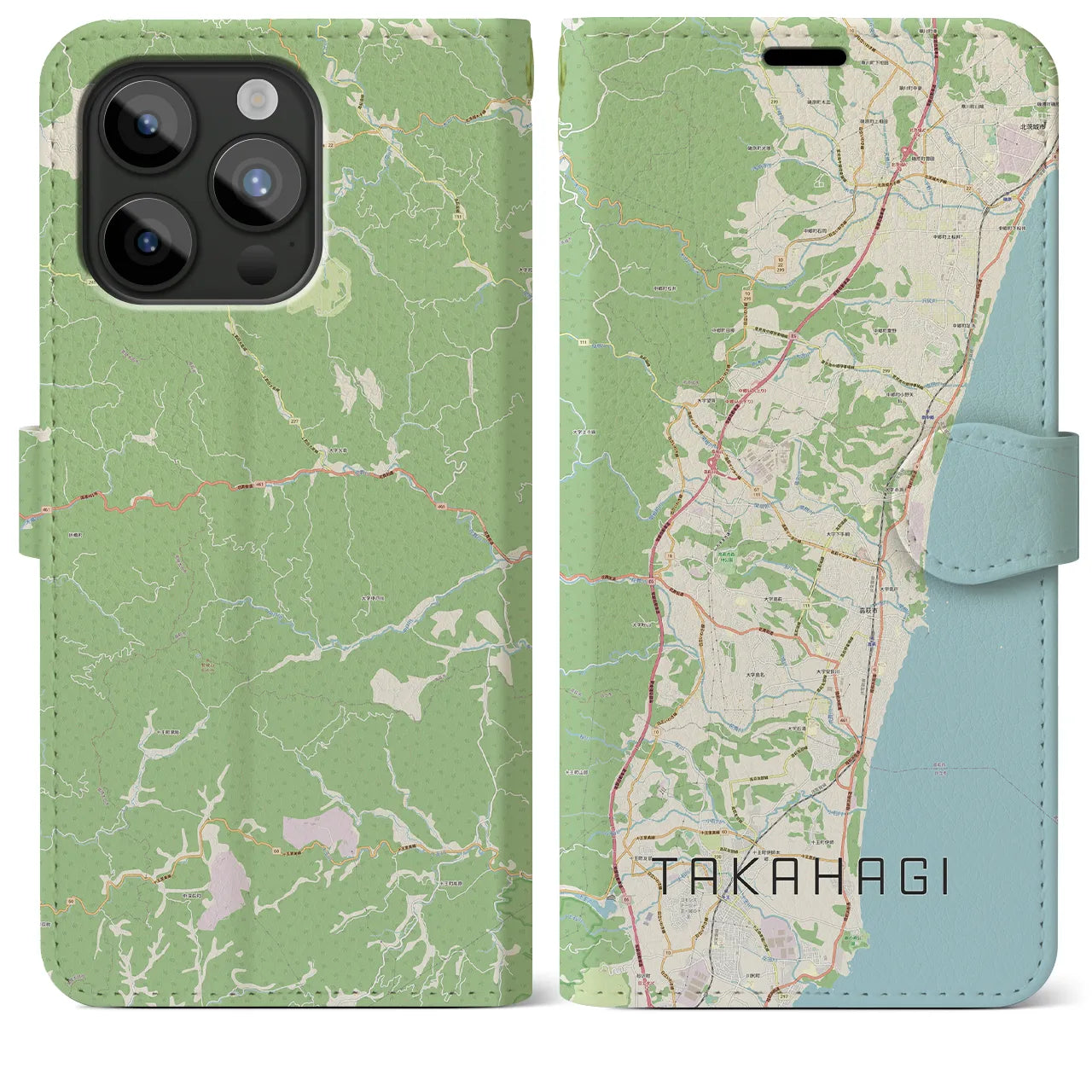 【高萩(茨城県)】地図柄iPhoneケース(手帳タイプ)ナチュラル・iPhone 15 Pro Max 用