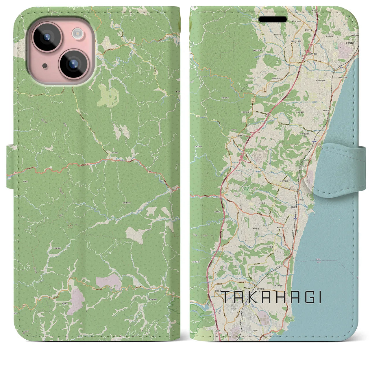 【高萩(茨城県)】地図柄iPhoneケース(手帳タイプ)ナチュラル・iPhone 15 Plus 用