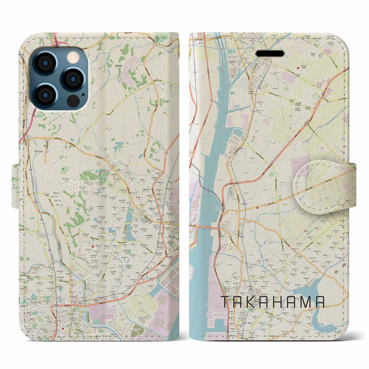 【高浜(愛知県)】地図柄iPhoneケース(手帳タイプ)ナチュラル・iPhone 12 / 12 Pro 用