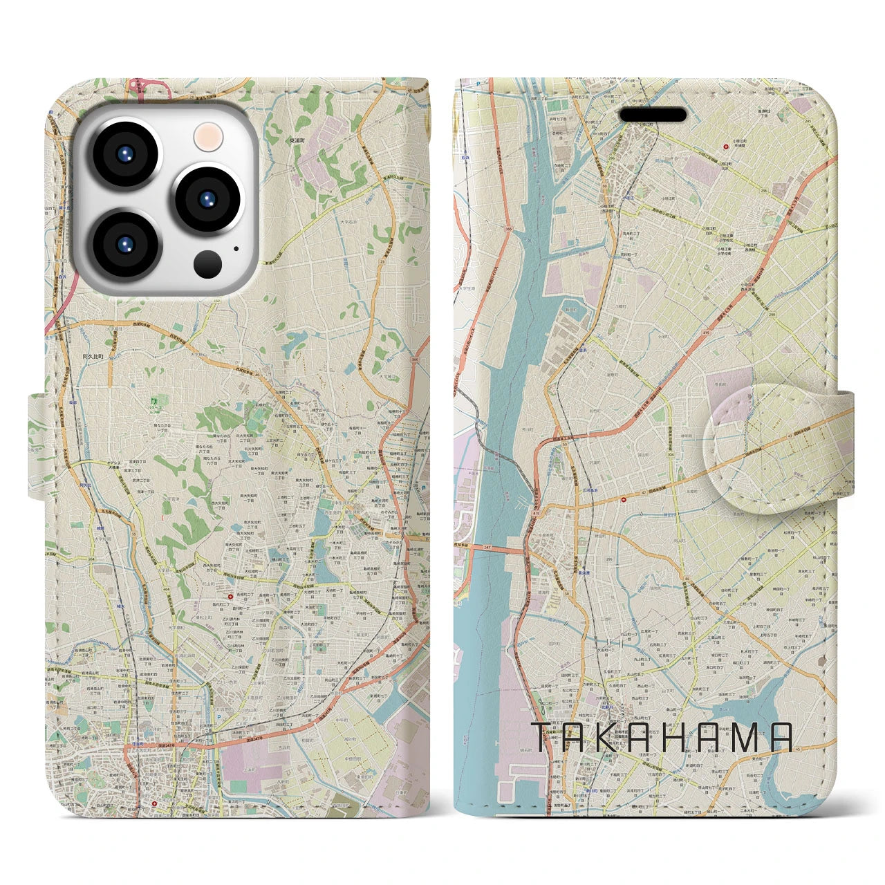 【高浜(愛知県)】地図柄iPhoneケース(手帳タイプ)ナチュラル・iPhone 13 Pro 用