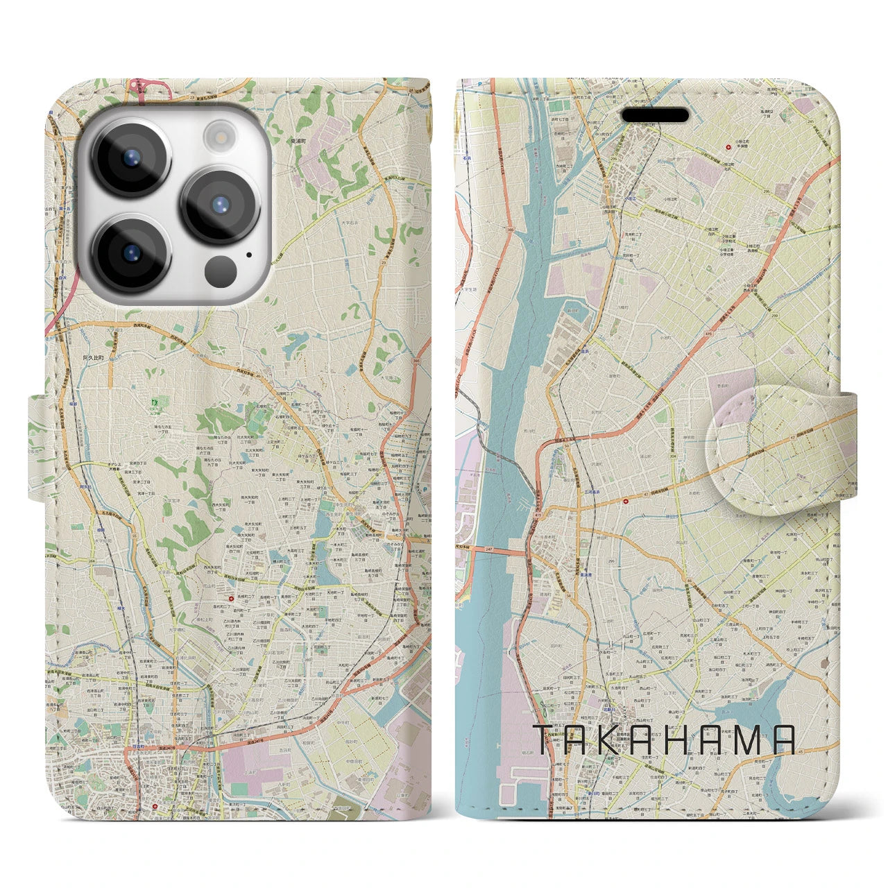 【高浜(愛知県)】地図柄iPhoneケース(手帳タイプ)ナチュラル・iPhone 14 Pro 用