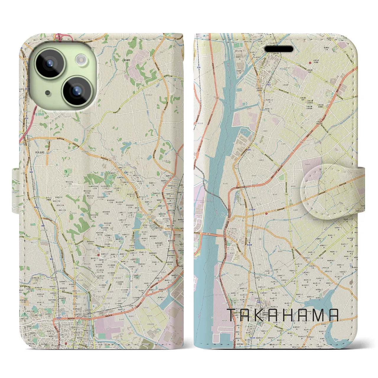 【高浜(愛知県)】地図柄iPhoneケース(手帳タイプ)ナチュラル・iPhone 15 用