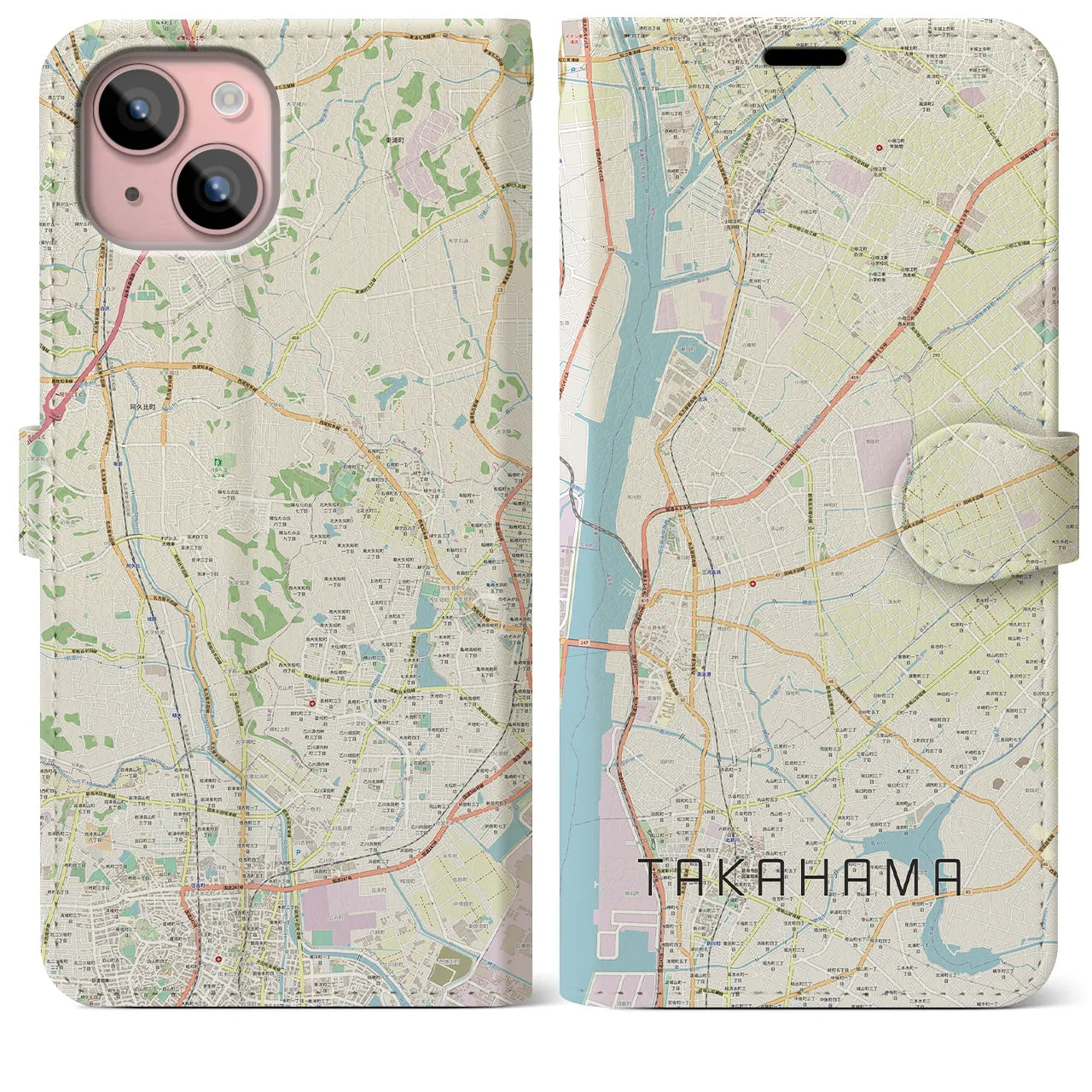 【高浜(愛知県)】地図柄iPhoneケース(手帳タイプ)ナチュラル・iPhone 15 Plus 用