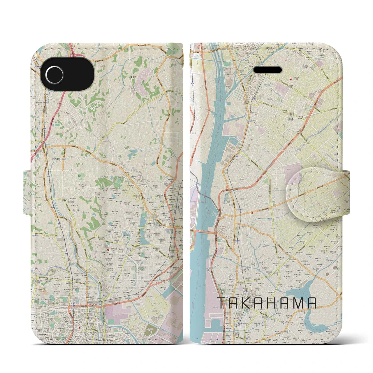 【高浜(愛知県)】地図柄iPhoneケース(手帳タイプ)ナチュラル・iPhone SE(第3 / 第2世代) / 8 / 7 / 6s / 6 用