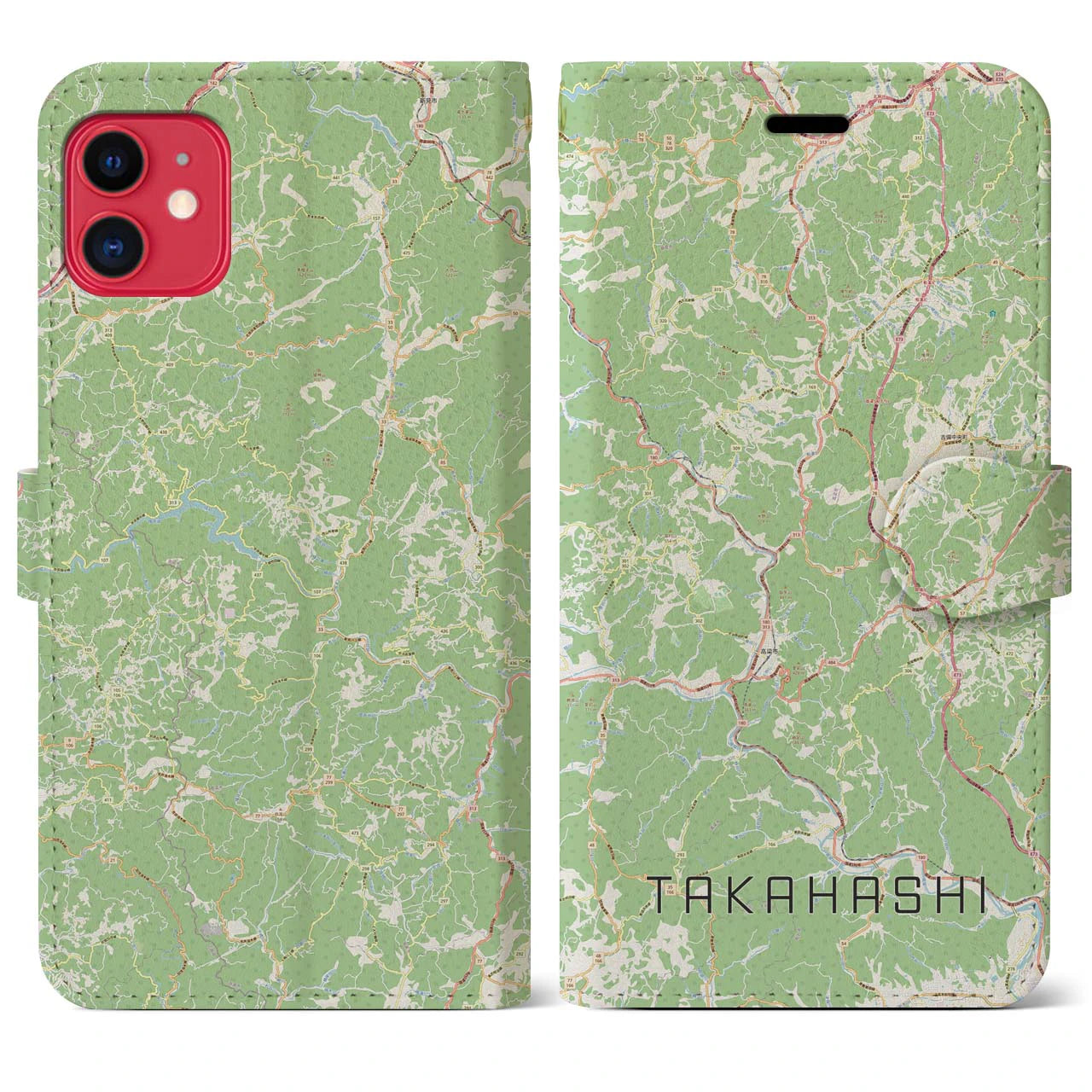 【高梁(岡山県)】地図柄iPhoneケース(手帳タイプ)ナチュラル・iPhone 11 用