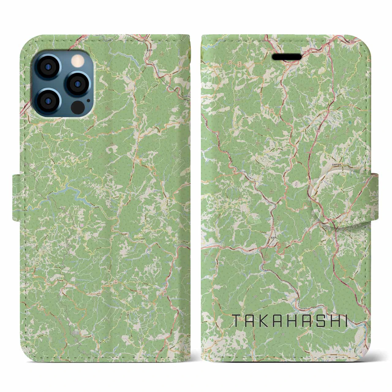 【高梁(岡山県)】地図柄iPhoneケース(手帳タイプ)ナチュラル・iPhone 12 / 12 Pro 用