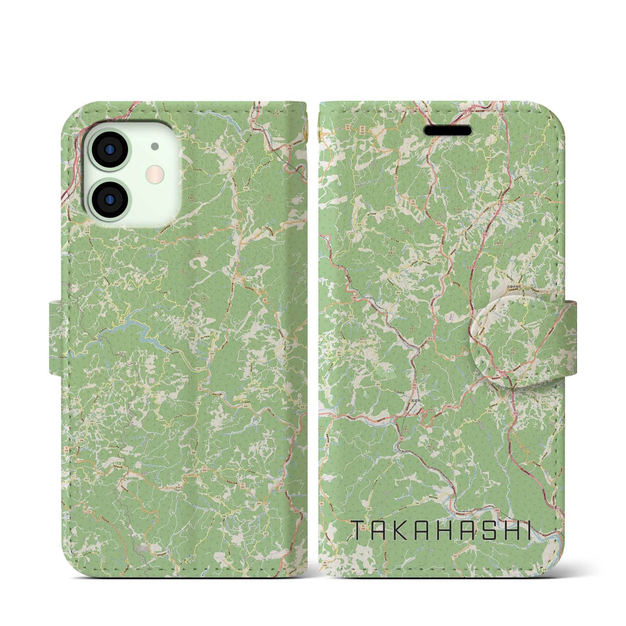 【高梁(岡山県)】地図柄iPhoneケース(手帳タイプ)ナチュラル・iPhone 12 mini 用