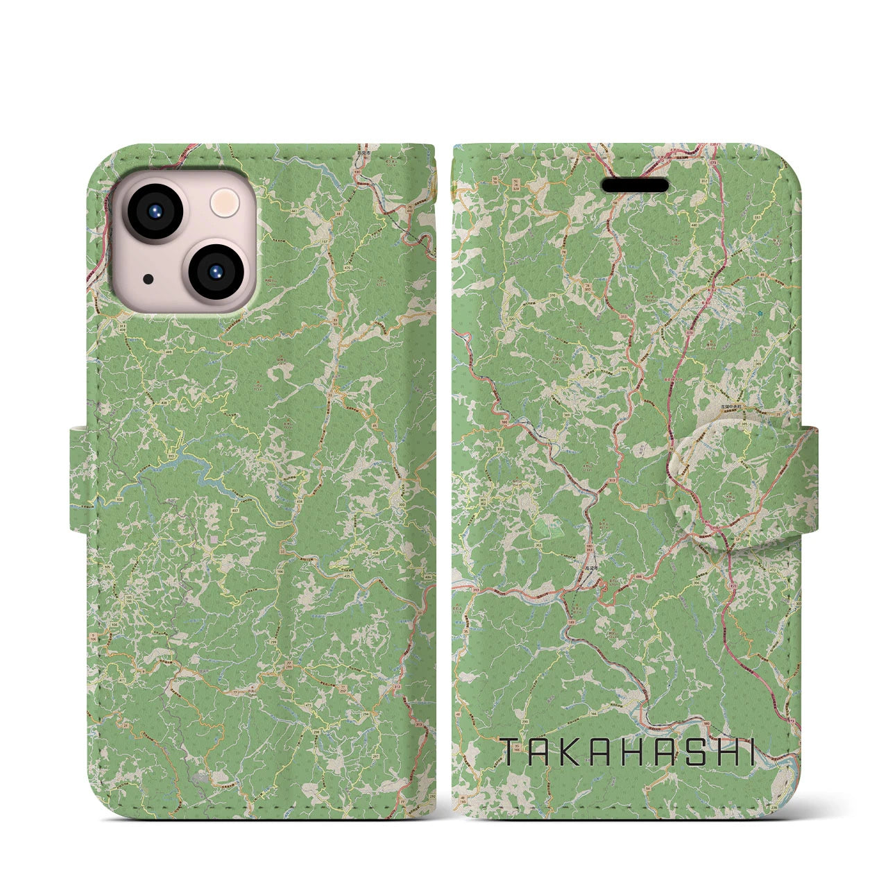 【高梁(岡山県)】地図柄iPhoneケース(手帳タイプ)ナチュラル・iPhone 13 mini 用