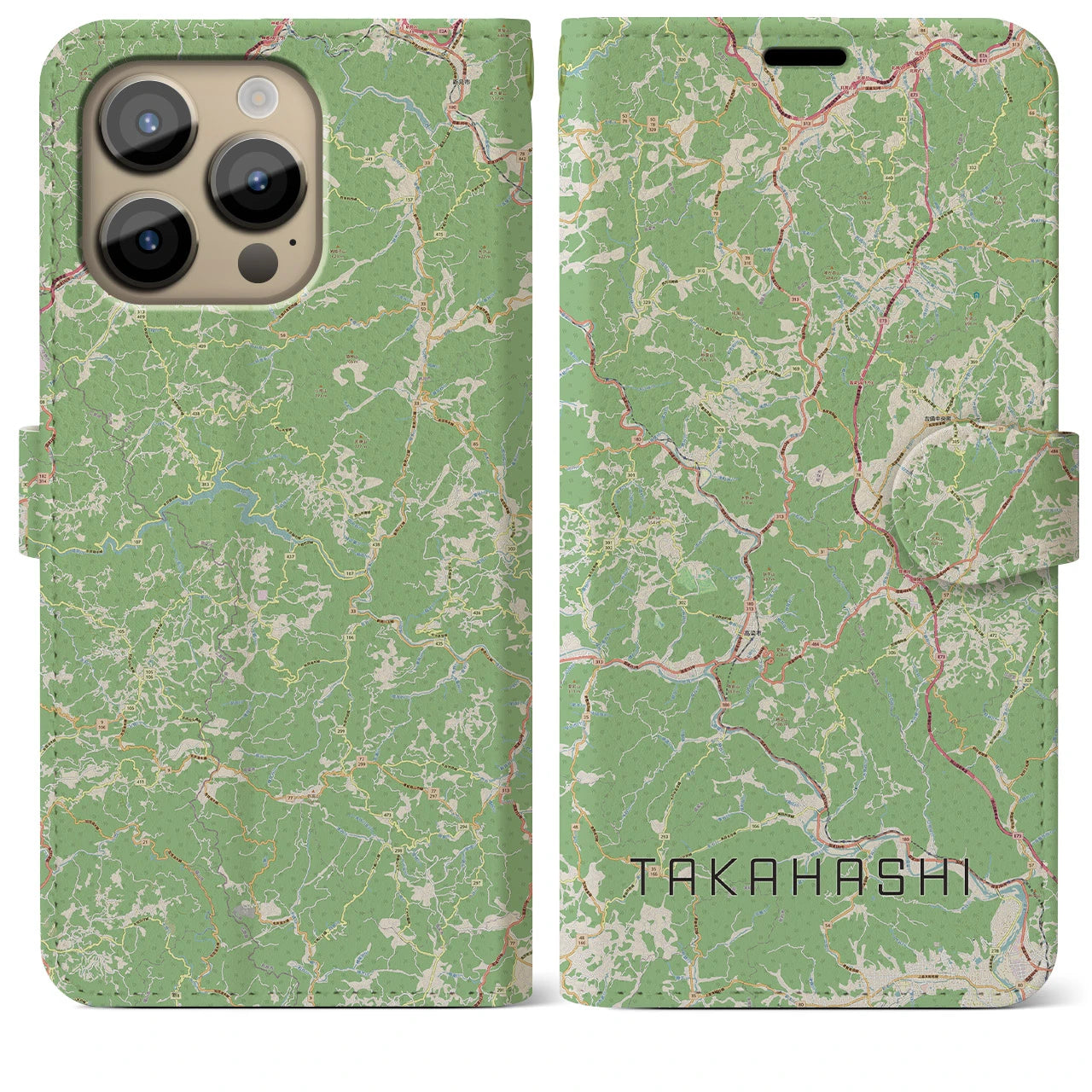 【高梁(岡山県)】地図柄iPhoneケース(手帳タイプ)ナチュラル・iPhone 14 Pro Max 用