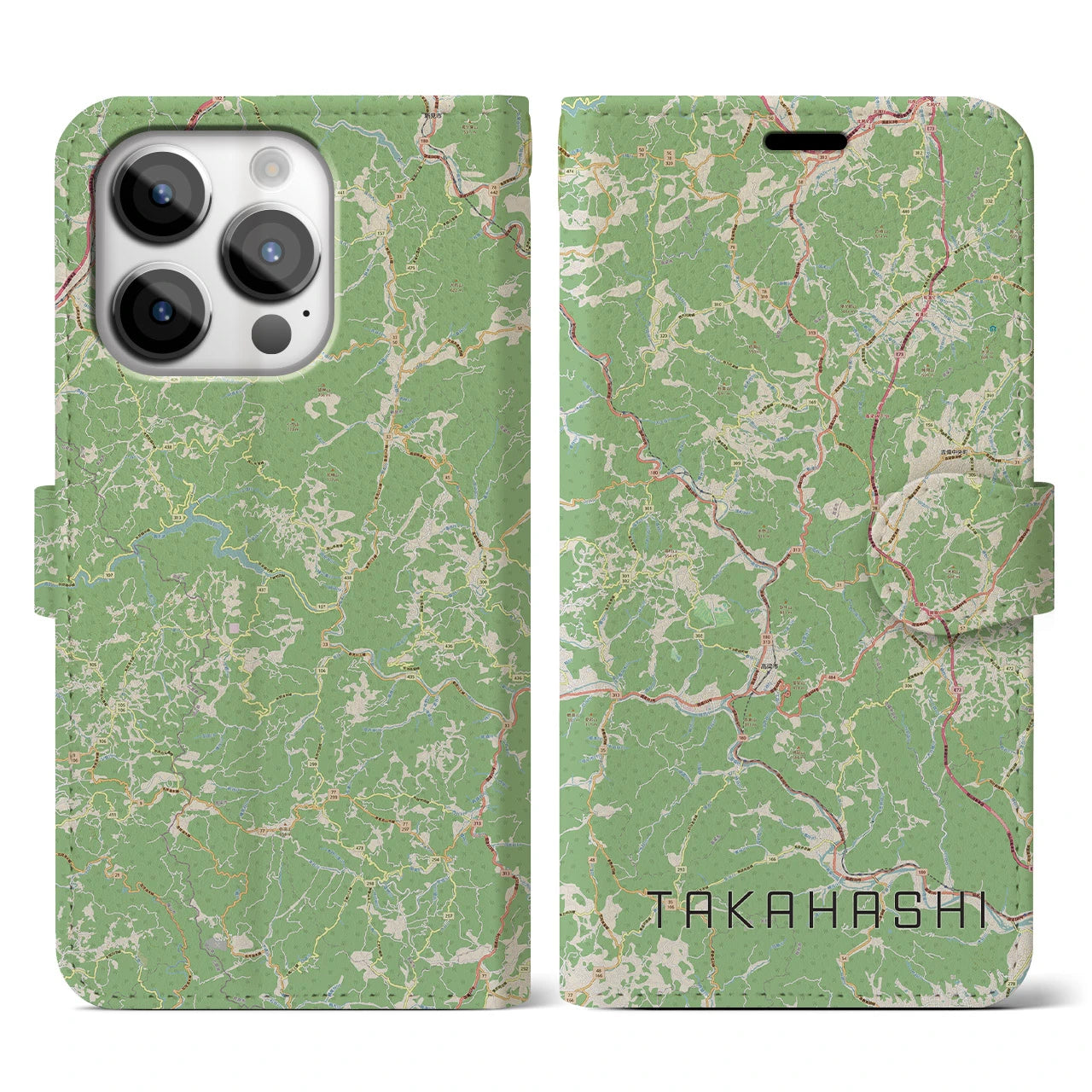 【高梁(岡山県)】地図柄iPhoneケース(手帳タイプ)ナチュラル・iPhone 14 Pro 用