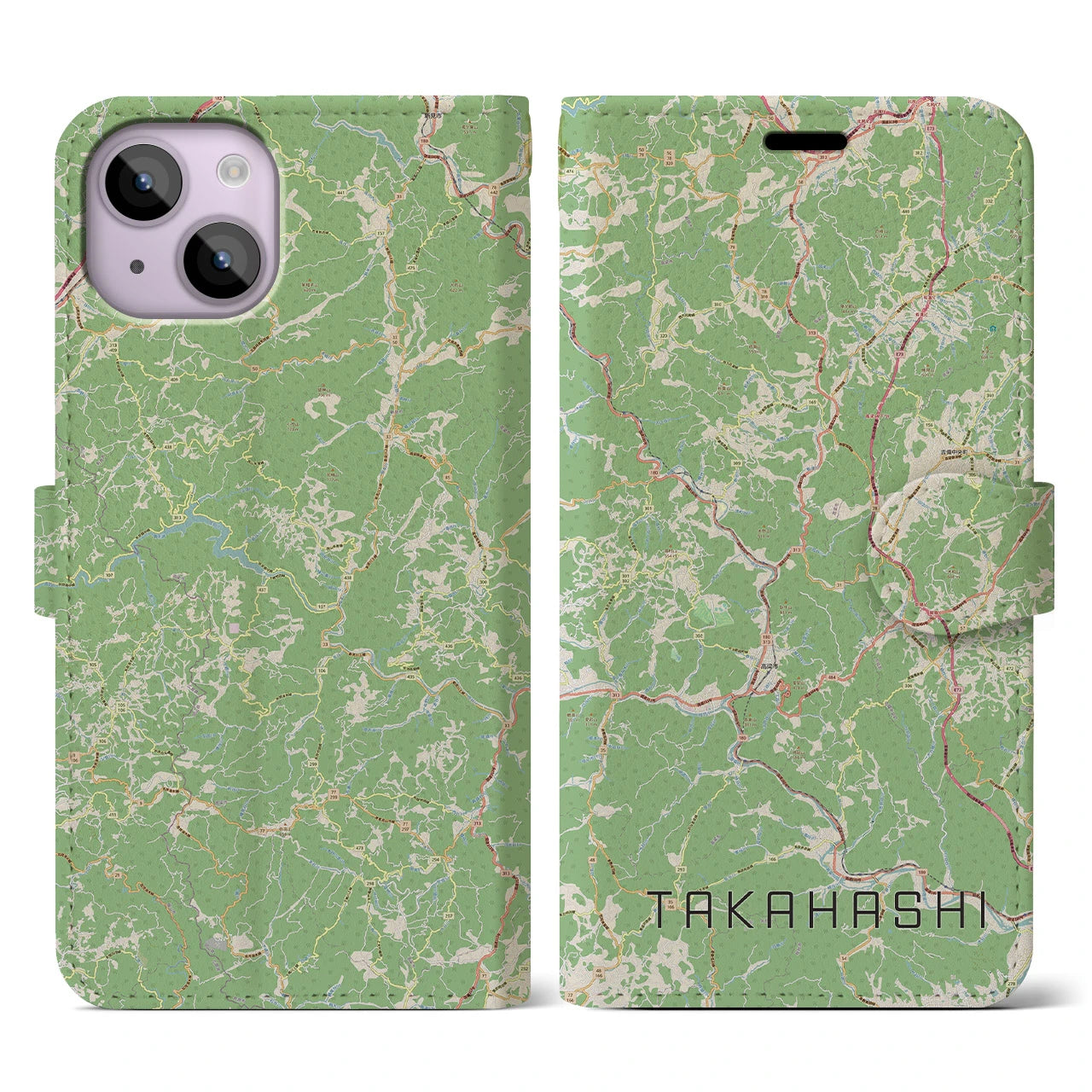 【高梁(岡山県)】地図柄iPhoneケース(手帳タイプ)ナチュラル・iPhone 14 用