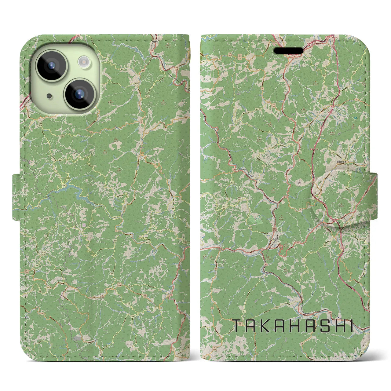 【高梁(岡山県)】地図柄iPhoneケース(手帳タイプ)ナチュラル・iPhone 15 用